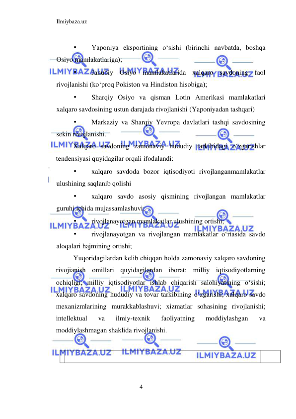 Ilmiybaza.uz 
4  
• 
Yaponiya eksportining oʻsishi (birinchi navbatda, boshqa 
Osiyo mamlakatlariga);  
• 
Janubiy Osiyo mamlakatlarida xalqaro savdoning faol 
rivojlanishi (koʻproq Pokiston va Hindiston hisobiga);   
• 
Sharqiy Osiyo va qisman Lotin Amerikasi mamlakatlari 
xalqaro savdosining ustun darajada rivojlanishi (Yaponiyadan tashqari)  
• 
Markaziy va Sharqiy Yevropa davlatlari tashqi savdosining 
sekin rivojlanishi.  
Xalqaro savdoning zamonaviy hududiy tarkibidagi oʻzgarishlar 
tendensiyasi quyidagilar orqali ifodalandi:  
• 
xalqaro savdoda bozor iqtisodiyoti rivojlanganmamlakatlar 
ulushining saqlanib qolishi  
• 
xalqaro savdo asosiy qismining rivojlangan mamlakatlar 
guruhi ichida mujassamlashuvi;  
• 
rivojlanayotgan mamlakatlar ulushining ortishi;  
• 
rivojlanayotgan va rivojlangan mamlakatlar oʻrtasida savdo 
aloqalari hajmining ortishi;  
Yuqoridagilardan kelib chiqqan holda zamonaviy xalqaro savdoning 
rivojianish omillari quyidagilardan iborat: milliy iqtisodiyotlarning 
ochiqligi; milliy iqtisodiyotlar ishlab chiqarish salohiyatining oʻsishi; 
xalqaro savdoning hududiy va tovar tarkibining oʻzgarishi; xalqaro savdo 
mexanizmlarining murakkablashuvi; xizmatlar sohasining rivojlanishi; 
intellektual 
va 
ilmiy-texnik 
faoliyatning 
moddiylashgan 
va 
moddiylashmagan shaklida rivojlanishi.  
  
    
  
