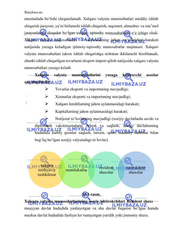 Ilmiybaza.uz 
 
muomalada boʻlishi chegaralanadi. Xalqaro valyuta munosabatlari moddiy ishlab 
chiqarish jarayoni, ya’ni birlamchi ishlab chiqarish, taqsimot, almashuv va iste’mol 
jarayonlariga aloqador boʻlgan xalqaro iqtisodiy munosabatlarni oʻz ichiga oladi. 
Xalqaro valyuta munosabatlari — valyutalarning jahon xoʻjaligidagi harakati 
natijasida yuzaga keladigan ijtimoiy-iqtisodiy munosabatlar majmuasi. Xalqaro 
valyuta munosabatlari takror ishlab chiqarishga nisbatan ikkilamchi hisoblanadi, 
chunki ishlab chiqarilgan tovarlarni eksport-import qilish natijasida xalqaro valyuta 
munosabatlari yuzaga keladi.  
Xalqaro 
valyuta 
munosabatlarini 
yuzaga 
keltiruvchi 
asoslar 
quyidagilardir:  
 
Tovarlar eksporti va importuning mavjudligi;  
 
Xizmatlar eksporti va importuning mavjudligi;  
 
Xalqaro kreditlarning jahon aylanmasidagi harakati;  
 
Kapitallarning jahon aylanmasidagi harakati;  
 
Notijorat toʻlovlarning mavjudligi (xorijiy davlatlarda savdo va 
diplomatik vakolatxonalarni ochish va saqlash, xorijiy davlatlarning 
hududida harbiy qismlar saqlash, turizm, sport, madaniy tadbirlar bilan 
bogʻliq boʻlgan xorijiy valyutadagi toʻlovlar).   
  
 
16.1-rasm.  
Xalqaro valyuta munosabatlarining asosiy ishtirokchilari Rezident shaxs — 
muayyan davlat hududida yashayotgan va shu davlat fuqarosi boʻlgan hamda 
mazkur davlat hududida faoliyat koʻrsatayotgan yuridik yoki jismoniy shaxs.  
  
xalqaro  
moliyaviy  
tashkilotar 
mamlakatla r 
rezident  
shaxslar 
norezident  
shaxslar 
