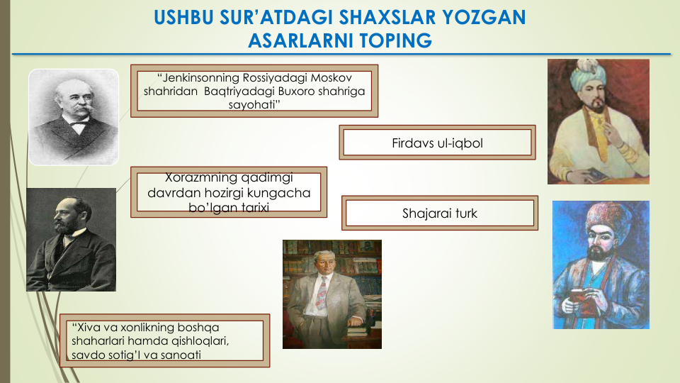 USHBU SUR’ATDAGI SHAXSLAR YOZGAN 
ASARLARNI TOPING
“Jenkinsonning Rossiyadagi Moskov
shahridan Baqtriyadagi Buxoro shahriga
sayohati”
Shajarai turk
Firdavs ul-iqbol
“Xiva va xonlikning boshqa 
shaharlari hamda qishloqlari, 
savdo sotig’I va sanoati
Xorazmning qadimgi
davrdan hozirgi kungacha
bo’lgan tarixi
