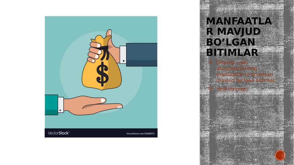 MANFAATLA
R MAVJUD 
BO’LGAN 
BITIMLAR

Direktor yoki 
aksiyadorlarning 
manfaatlar to’qnashuvi 
mavjud bo’lgan bitimlar;

Yirik bitimlar;
