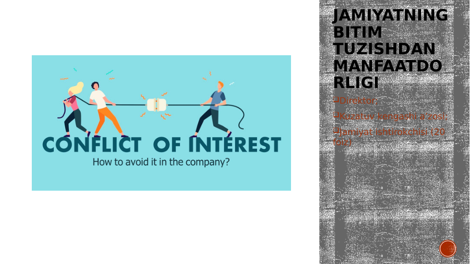 JAMIYATNING 
BITIM 
TUZISHDAN 
MANFAATDO
RLIGI
Direktor;
Kuzatuv kengashi a’zosi;
Jamiyat ishtirokchisi (20 
foiz) 
