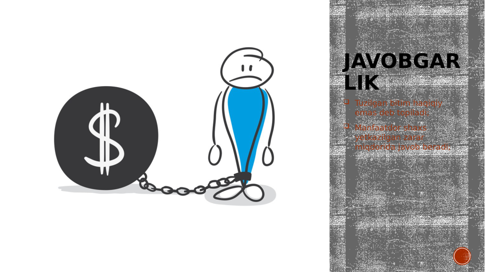 JAVOBGAR
LIK
 Tuzilgan bitim haqiqiy 
emas deb topiladi;
 Manfaatdor shaxs 
yetkazilgan zarar 
miqdorida javob beradi;
