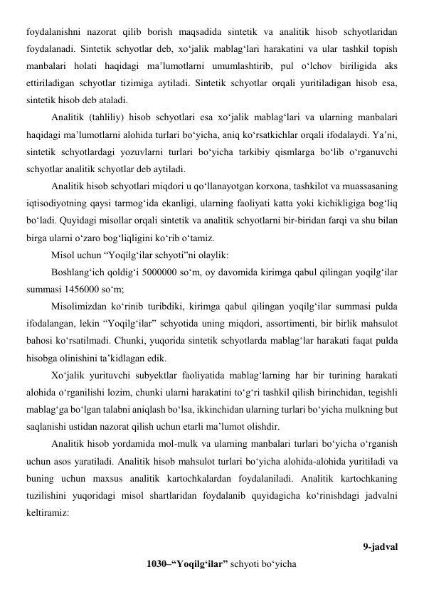 foydalanishni nazorat qilib borish maqsadida sintetik va analitik hisob schyotlaridan 
foydalanadi. Sintetik schyotlar deb, xo‘jalik mablag‘lari harakatini va ular tashkil topish 
manbalari holati haqidagi ma’lumotlarni umumlashtirib, pul o‘lchov biriligida aks 
ettiriladigan schyotlar tizimiga aytiladi. Sintetik schyotlar orqali yuritiladigan hisob esa, 
sintetik hisob deb ataladi. 
Analitik (tahliliy) hisob schyotlari esa xo‘jalik mablag‘lari va ularning manbalari 
haqidagi ma’lumotlarni alohida turlari bo‘yicha, aniq ko‘rsatkichlar orqali ifodalaydi. Ya’ni, 
sintetik schyotlardagi yozuvlarni turlari bo‘yicha tarkibiy qismlarga bo‘lib o‘rganuvchi 
schyotlar analitik schyotlar deb aytiladi.  
Analitik hisob schyotlari miqdori u qo‘llanayotgan korxona, tashkilot va muassasaning 
iqtisodiyotning qaysi tarmog‘ida ekanligi, ularning faoliyati katta yoki kichikligiga bog‘liq 
bo‘ladi. Quyidagi misollar orqali sintetik va analitik schyotlarni bir-biridan farqi va shu bilan 
birga ularni o‘zaro bog‘liqligini ko‘rib o‘tamiz. 
Misol uchun “Yoqilg‘ilar schyoti”ni olaylik: 
Boshlang‘ich qoldig‘i 5000000 so‘m, oy davomida kirimga qabul qilingan yoqilg‘ilar 
summasi 1456000 so‘m; 
Misolimizdan ko‘rinib turibdiki, kirimga qabul qilingan yoqilg‘ilar summasi pulda 
ifodalangan, lekin “Yoqilg‘ilar” schyotida uning miqdori, assortimenti, bir birlik mahsulot 
bahosi ko‘rsatilmadi. Chunki, yuqorida sintetik schyotlarda mablag‘lar harakati faqat pulda 
hisobga olinishini ta’kidlagan edik. 
Xo‘jalik yurituvchi subyektlar faoliyatida mablag‘larning har bir turining harakati 
alohida o‘rganilishi lozim, chunki ularni harakatini to‘g‘ri tashkil qilish birinchidan, tegishli 
mablag‘ga bo‘lgan talabni aniqlash bo‘lsa, ikkinchidan ularning turlari bo‘yicha mulkning but 
saqlanishi ustidan nazorat qilish uchun etarli ma’lumot olishdir. 
Analitik hisob yordamida mol-mulk va ularning manbalari turlari bo‘yicha o‘rganish 
uchun asos yaratiladi. Analitik hisob mahsulot turlari bo‘yicha alohida-alohida yuritiladi va 
buning uchun maxsus analitik kartochkalardan foydalaniladi. Analitik kartochkaning 
tuzilishini yuqoridagi misol shartlaridan foydalanib quyidagicha ko‘rinishdagi jadvalni 
keltiramiz: 
 
9-jadval 
1030–“Yoqilg‘ilar” schyoti bo‘yicha  
