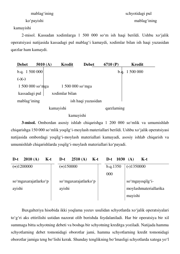 mablag‘ining                              
 
 
 
 schyotidagi pul 
ko‘payishi                                                                                      mablag‘ining 
kamayishi 
2-misol. Kassadan xodimlarga 1 500 000 so‘m ish haqi berildi. Ushbu xo‘jalik 
operatsiyasi natijasida kassadagi pul mablag‘i kamaydi, xodimlar bilan ish haqi yuzasidan 
qarzlar ham kamaydi.  
 
Debet        5010 (A)         Kredit          Debet         6710 (P)            Kredit 
b.q.  1 500 000   
 
 
 
 
 
 
b.q.  1 500 000  
(-)(-) 
 1 500 000 so‘mga            1 500 000 so‘mga 
 kassadagi pul          xodimlar bilan 
mablag‘ining                             ish haqi yuzasidan          
                              kamayishi                                     qarzlarning 
  
 
 
 
    kamayishi 
 
3-misol. Ombordan asosiy ishlab chiqarishga 1 200 000 so‘mlik va umumishlab 
chiqarishga 150 000 so‘mlik yoqilg‘i-moylash materiallari berildi. Ushbu xo‘jalik operatsiyasi 
natijasida ombordagi yoqilg‘i-moylash materiallari kamayadi, asosiy ishlab chiqarish va 
umumishlab chiqarishlarda yoqilg‘i-moylash materiallari ko‘payadi.  
 
D-t     2010 (A)      K-t 
 D-t      2510 (A)     K-t 
 D-t    1030   (A)       K-t 
(+)1200000 
  (+)150000 
  b.q.1350
000 
(-)1350000 
so‘mgaxarajatlarko‘p
ayishi 
  so‘mgaxarajatlarko‘p
ayishi 
   
so‘mgayoqilg‘i-
moylashmateriallarika
mayishi 
 
Buxgalteriya hisobida ikki yoqlama yozuv usulidan schyotlarda xo‘jalik operatsiyalari 
to‘g‘ri aks ettirilishi ustidan nazorat olib borishda foydalaniladi. Har bir operatsiya bir xil 
summaga bitta schyotning debeti va boshqa bir schyotning kreditga yoziladi. Natijada hamma 
schyotlarning debet tomonidagi oborotlar jami, hamma schyotlarning kredit tomonidagi 
oborotlar jamiga teng bo‘lishi kerak. Shunday tenglikning bo‘lmasligi schyotlarda xatoga yo‘l 
