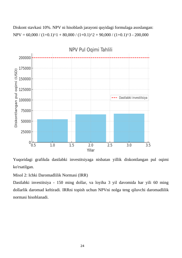 24
Diskont stavkasi 10%. NPV ni hisoblash jarayoni quyidagi formulaga asoslangan:
NPV = 60,000 / (1+0.1)^1 + 80,000 / (1+0.1)^2 + 90,000 / (1+0.1)^3 - 200,000
Yuqoridagi  grafikda  dastlabki  investitsiyaga  nisbatan  yillik  diskontlangan  pul  oqimi
ko'rsatilgan.
Misol 2: Ichki Daromadlilik Normasi (IRR)
Dastlabki investitsiya - 150 ming dollar, va loyiha 3 yil davomida har yili 60 ming
dollarlik daromad keltiradi. IRRni topish uchun NPVni nolga teng qiluvchi daromadlilik
normasi hisoblanadi.
