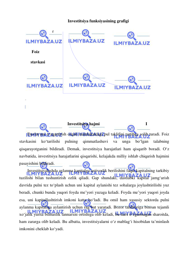  
 
Investitsiya funksiyasining grafigi 
   r 
  
    Foiz  
   stavkasi 
  
 
 
 
  
         
         
    
 
 
 
 
 
       Investitsiya hajmi 
I 
Davlat uni o‘zgartirish orqali mamlakatdagi pul taklifini tartibga solib turadi. Foiz 
stavkasini 
ko‘tarilishi 
pulning 
qimmatlashuvi 
va 
unga 
bo‘lgan 
talabning 
qisqarayotganini bildiradi. Demak, investitsiya harajatlari ham qisqarib boradi. O‘z 
navbatida, investitsiya harajatlarini qisqarishi, kelajakda milliy ishlab chiqarish hajmini 
pasayishini bildiradi.  
Investitsiyalashda aylanma kapitalga ustivorlik berilishini faqat kapitalning tarkibiy 
tuzilishi bilan tushuntirish ozlik qiladi. Gap shundaki, dastlabki kapital jamg‘arish 
davrida pulni tez to‘plash uchun uni kapital aylanishi tez sohalarga joylashtirilishi yuz 
beradi, chunki bunda yuqori foyda me’yori yuzaga keladi. Foyda me’yori yuqori joyda 
esa, uni kapitallashtirish imkoni katta bo‘ladi. Bu omil ham xususiy sektorda pulni 
aylanma kapitaliga aylantirish uchun rag‘bat yaratadi. Bozor talablariga binoan tejamli 
xo‘jalik yurita bilmaslik tannarxni ortishiga olib keladi, bu narx o‘zgarmagan sharoitda, 
ham zararga olib keladi. Bu albatta, investitsiyalarni o‘z mablag‘i hisobidan ta’minlash 
imkonini cheklab ko‘yadi. 
