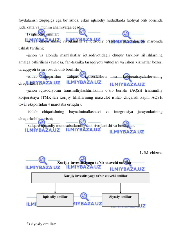  
 
foydalanish xuquqiga ega bo‘lishda, erkin iqtisodiy hududlarda faoliyat olib borishda 
juda katta va muhim ahamiyatga egadir. 
1) iqtisodiy omillar: 
-ishlab chiqarishning rivojlanishi va iqtisodiy o‘sish sur’atlarining bir maromda 
ushlab turilishi; 
-jahon va alohida mamlakatlar iqtisodiyotidagii chuqur tarkibiy siljishlarning 
amalga oshirilishi (ayniqsa, fan-texnika taraqqiyoti yutuqlari va jahon xizmatlar bozori 
taraqqiyoti ta’siri ostida olib borilishi); 
-ishlab 
chiqarishni 
xalqaro 
ixtisoslashuvi 
va 
kooperatsiyalashuvining 
chuqurlashuvi; 
-jahon iqtisodiyotini transmilliylashtirilishini o‘sib borishi (AQSH transmilliy 
korporatsiya (TMK)lari xorijiy filiallarining maxsulot ishlab chiqarish xajmi AQSH 
tovar eksportidan 4 marotaba ortiqdir); 
-ishlab 
chiqarishning 
baynalminallashuvi 
va 
integratsiya 
jarayonlarining 
chuqurlashib borishi; 
-xalqaro iqtisodiy munosabatlarning faol rivojlanishi va boshqalar. 
 
 
1. 3.1-chizma 
Xorijiy investitsiyaga ta’sir etuvchi omillar 
 
 
2) siyosiy omillar: 
Xorijiy invеstitsiyaga ta'sir etuvchi omillar 
Iqtisodiy omillar 
Siyosiy omillar 
