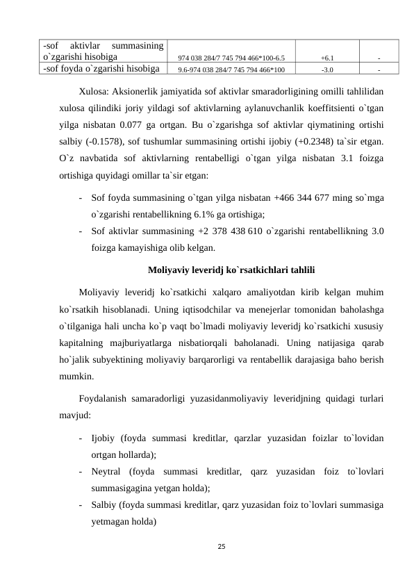 -sof  aktivlar  summasining
o`zgarishi hisobiga
974 038 284/7 745 794 466*100-6.5
+6.1
-
-sof foyda o`zgarishi hisobiga
9.6-974 038 284/7 745 794 466*100
-3.0
-
Xulosa: Aksionerlik jamiyatida sof aktivlar smaradorligining omilli tahlilidan
xulosa qilindiki joriy yildagi sof aktivlarning aylanuvchanlik koeffitsienti o`tgan
yilga nisbatan 0.077 ga ortgan.  Bu o`zgarishga sof aktivlar qiymatining ortishi
salbiy (-0.1578), sof tushumlar summasining ortishi ijobiy (+0.2348) ta`sir etgan.
O`z  navbatida  sof  aktivlarning  rentabelligi  o`tgan  yilga  nisbatan  3.1  foizga
ortishiga quyidagi omillar ta`sir etgan:
-
Sof foyda summasining o`tgan yilga nisbatan +466 344 677 ming so`mga
o`zgarishi rentabellikning 6.1% ga ortishiga;
-
Sof aktivlar summasining  +2 378 438 610 o`zgarishi rentabellikning 3.0
foizga kamayishiga olib kelgan.
Moliyaviy leveridj ko`rsatkichlari tahlili
Moliyaviy  leveridj  ko`rsatkichi  xalqaro  amaliyotdan  kirib  kelgan  muhim
ko`rsatkih hisoblanadi. Uning iqtisodchilar va menejerlar tomonidan baholashga
o`tilganiga hali uncha ko`p vaqt bo`lmadi moliyaviy leveridj ko`rsatkichi xususiy
kapitalning  majburiyatlarga  nisbatiorqali  baholanadi.  Uning  natijasiga  qarab
ho`jalik subyektining moliyaviy barqarorligi va rentabellik darajasiga baho berish
mumkin.
Foydalanish samaradorligi yuzasidanmoliyaviy leveridjning quidagi turlari
mavjud:
-
Ijobiy  (foyda  summasi  kreditlar,  qarzlar  yuzasidan  foizlar  to`lovidan
ortgan hollarda);
-
Neytral  (foyda  summasi  kreditlar,  qarz  yuzasidan  foiz  to`lovlari
summasigagina yetgan holda);
-
Salbiy (foyda summasi kreditlar, qarz yuzasidan foiz to`lovlari summasiga
yetmagan holda)
25

