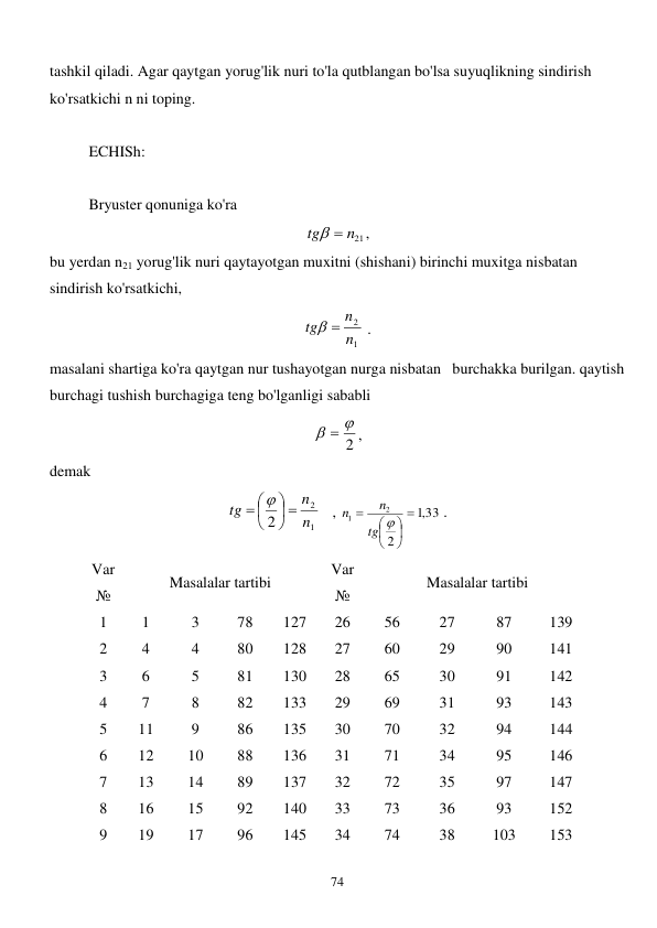  
74 
tashkil qiladi. Agar qaytgan yorug'lik nuri to'la qutblangan bo'lsa suyuqlikning sindirish 
ko'rsatkichi n ni toping. 
 
ECHISh: 
  
 
Bryuster qonuniga ko'ra 
n21
tg
 
, 
bu yerdan n21 yorug'lik nuri qaytayotgan muxitni (shishani) birinchi muxitga nisbatan 
sindirish ko'rsatkichi,  
1
2
n
n
tg
 
 . 
masalani shartiga ko'ra qaytgan nur tushayotgan nurga nisbatan   burchakka burilgan. qaytish 
burchagi tushish burchagiga teng bo'lganligi sababli  
2
  
, 
demak 
1
2
2
n
n
tg
 





 
   , 
33
,1
2
2
1









tg
n
n
 . 
Var 
№ 
Masalalar tartibi 
Var 
№ 
Masalalar tartibi 
1 
2 
3 
4 
5 
6 
7 
8 
9 
1 
4 
6 
7 
11 
12 
13 
16 
19 
3 
4 
5 
8 
9 
10 
14 
15 
17 
78 
80 
81 
82 
86 
88 
89 
92 
96 
127 
128 
130 
133 
135 
136 
137 
140 
145 
26 
27 
28 
29 
30 
31 
32 
33 
34 
56 
60 
65 
69 
70 
71 
72 
73 
74 
27 
29 
30 
31 
32 
34 
35 
36 
38 
87 
90 
91 
93 
94 
95 
97 
93 
103 
139 
141 
142 
143 
144 
146 
147 
152 
153 
