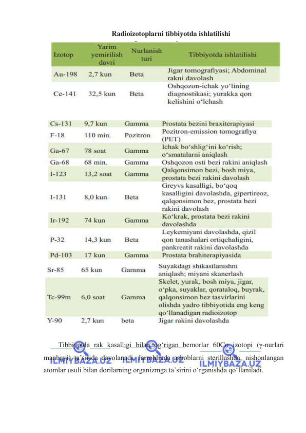  
 
Radioizotoplarni tibbiyotda ishlatilishi 
 
 
 
 
 
Tibbiyotda rak kasalligi bilan ogʻrigan bemorlar 60Co izotopi (γ-nurlari 
manbayi) ta’sirida davolanadi. Jarrohlikda asboblarni sterillashda, nishonlangan 
atomlar usuli bilan dorilarning organizmga ta’sirini oʻrganishda qoʻllaniladi. 
 
