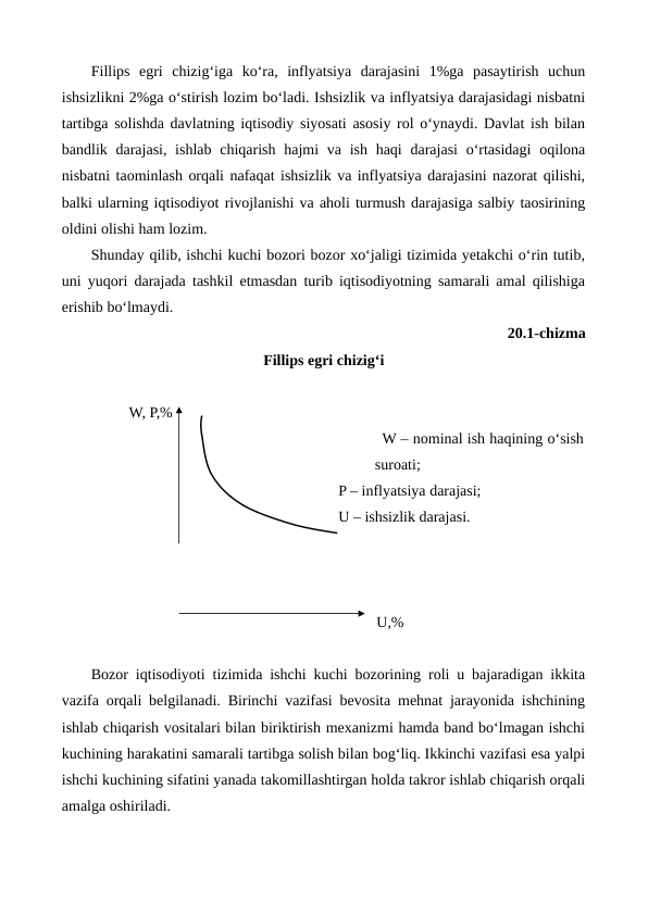 Fillips  egri  chizig‘iga  ko‘ra,  inflyatsiya  darajasini  1%ga  pasaytirish  uchun
ishsizlikni 2%ga o‘stirish lozim bo‘ladi. Ishsizlik va inflyatsiya darajasidagi nisbatni
tartibga solishda davlatning iqtisodiy siyosati asosiy rol o‘ynaydi. Davlat ish bilan
bandlik darajasi, ishlab  chiqarish  hajmi  va ish haqi  darajasi  o‘rtasidagi  oqilona
nisbatni taominlash orqali nafaqat ishsizlik va inflyatsiya darajasini nazorat qilishi,
balki ularning iqtisodiyot rivojlanishi va aholi turmush darajasiga salbiy taosirining
oldini olishi ham lozim.
Shunday qilib, ishchi kuchi bozori bozor xo‘jaligi tizimida yetakchi o‘rin tutib,
uni yuqori darajada tashkil etmasdan turib iqtisodiyotning samarali amal qilishiga
erishib bo‘lmaydi.
20.1-chizma 
Fillips egri chizig‘i
          W, P,%
                                                                W – nominal ish haqining o‘sish
suroati;
                                                                 P – inflyatsiya darajasi;
                                                                 U – ishsizlik darajasi.
                                                                           U,%
Bozor iqtisodiyoti tizimida ishchi kuchi bozorining roli u bajaradigan ikkita
vazifa orqali belgilanadi. Birinchi vazifasi bevosita mehnat jarayonida ishchining
ishlab chiqarish vositalari bilan biriktirish mexanizmi hamda band bo‘lmagan ishchi
kuchining harakatini samarali tartibga solish bilan bog‘liq. Ikkinchi vazifasi esa yalpi
ishchi kuchining sifatini yanada takomillashtirgan holda takror ishlab chiqarish orqali
amalga oshiriladi.  
