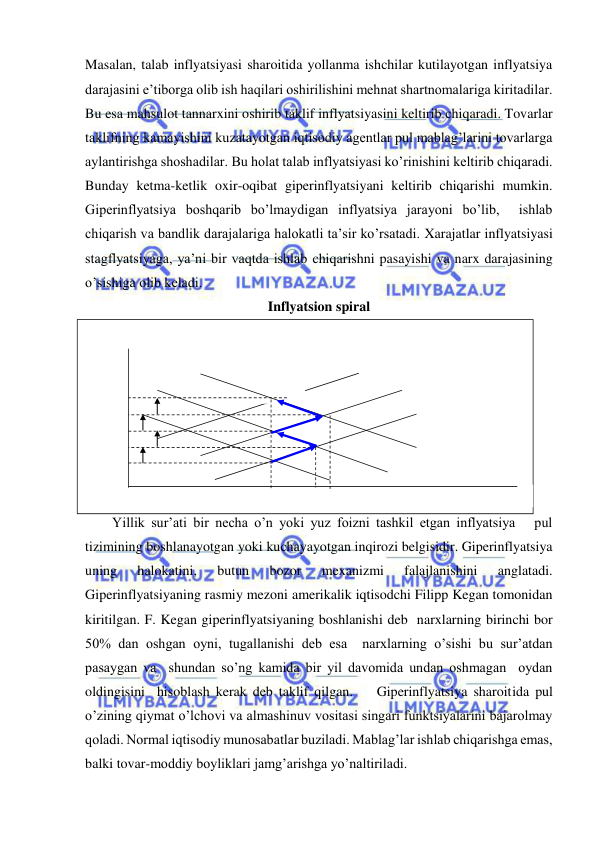  
 
Masalan, talab inflyatsiyasi sharoitida yollanma ishchilar kutilayotgan inflyatsiya 
darajasini e’tiborga olib ish haqilari oshirilishini mehnat shartnomalariga kiritadilar. 
Bu esa mahsulot tannarxini oshirib taklif inflyatsiyasini keltirib chiqaradi. Tovarlar 
taklifning kamayishini kuzatayotgan iqtisodiy agentlar pul mablag’larini tovarlarga 
aylantirishga shoshadilar. Bu holat talab inflyatsiyasi ko’rinishini keltirib chiqaradi. 
Bunday ketma-ketlik oxir-oqibat giperinflyatsiyani keltirib chiqarishi mumkin. 
Giperinflyatsiya boshqarib bo’lmaydigan inflyatsiya jarayoni bo’lib,  ishlab 
chiqarish va bandlik darajalariga halokatli ta’sir ko’rsatadi. Xarajatlar inflyatsiyasi 
stagflyatsiyaga, ya’ni bir vaqtda ishlab chiqarishni pasayishi va narx darajasining 
o’sishiga olib keladi.  
Inflyatsion spiral 
Yillik sur’ati bir necha o’n yoki yuz foizni tashkil etgan inflyatsiya   pul 
tizimining boshlanayotgan yoki kuchayayotgan inqirozi belgisidir. Giperinflyatsiya 
uning 
halokatini, 
butun 
bozor 
mexanizmi 
falajlanishini 
anglatadi.  
Giperinflyatsiyaning rasmiy mezoni amerikalik iqtisodchi Filipp Kegan tomonidan 
kiritilgan. F. Kegan giperinflyatsiyaning boshlanishi deb  narxlarning birinchi bor 
50% dan oshgan oyni, tugallanishi deb esa  narxlarning o’sishi bu sur’atdan 
pasaygan va  shundan so’ng kamida bir yil davomida undan oshmagan  oydan 
oldingisini  hisoblash kerak deb taklif qilgan.    Giperinflyatsiya sharoitida pul 
o’zining qiymat o’lchovi va almashinuv vositasi singari funktsiyalarini bajarolmay 
qoladi. Normal iqtisodiy munosabatlar buziladi. Mablag’lar ishlab chiqarishga emas, 
balki tovar-moddiy boyliklari jamg’arishga yo’naltiriladi. 
 
 
 
 
 
 
 
 
 
 
 
 
 
 
 
 
 
 
 
 
 
 
