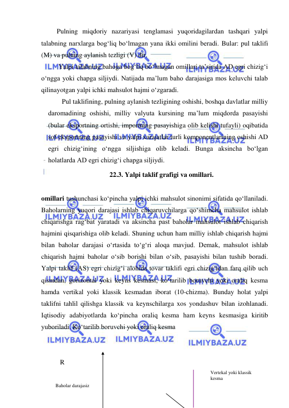  
 
 Pulning miqdoriy nazariyasi tenglamasi yuqoridagilardan tashqari yalpi 
talabning narxlarga bogʻliq boʻlmagan yana ikki omilini beradi. Bular: pul taklifi 
(M) va pulning aylanish tezligi (V) dir. 
 Yalpi talabning bahoga bogʻliq boʻlmagan omillari ta’sirida AD egri chizigʻi 
oʻngga yoki chapga siljiydi. Natijada ma’lum baho darajasiga mos keluvchi talab 
qilinayotgan yalpi ichki mahsulot hajmi oʻzgaradi. 
Pul taklifining, pulning aylanish tezligining oshishi, boshqa davlatlar milliy 
daromadining oshishi, milliy valyuta kursining ma’lum miqdorda pasayishi 
(bular eksportning ortishi, importning pasayishiga olib kelishi tufayli) oqibatida 
sof eksportning pasayishi va yalpi xarajatlar turli komponentlarining oshishi AD 
egri chizigʻining oʻngga siljishiga olib keladi. Bunga aksincha boʻlgan 
holatlarda AD egri chizigʻi chapga siljiydi. 
22.3. Yalpi taklif grafigi va omillari. 
 
omillari tushunchasi koʻpincha yalpi ichki mahsulot sinonimi sifatida qoʻllaniladi. 
Baholarning yuqori darajasi ishlab chiqaruvchilarga qoʻshimcha mahsulot ishlab 
chiqarishga ragʻbat yaratadi va aksincha past baholar mahsulot ishlab chiqarish 
hajmini qisqarishiga olib keladi. Shuning uchun ham milliy ishlab chiqarish hajmi 
bilan baholar darajasi oʻrtasida toʻgʻri aloqa mavjud. Demak, mahsulot ishlab 
chiqarish hajmi baholar oʻsib borishi bilan oʻsib, pasayishi bilan tushib boradi. 
Yalpi taklif (AS) egri chizigʻi alohida tovar taklifi egri chizigʻidan farq qilib uch 
qismdan, gorizontal yoki keyns kesmasi, koʻtarilib boruvchi yoki oraliq kesma 
hamda vertikal yoki klassik kesmadan iborat (10-chizma). Bunday holat yalpi 
taklifni tahlil qilishga klassik va keynschilarga xos yondashuv bilan izohlanadi. 
Iqtisodiy adabiyotlarda koʻpincha oraliq kesma ham keyns kesmasiga kiritib 
yuboriladi. Koʻtarilib boruvchi yoki oraliq kesma  
  
    
   R 
 
Baholar darajasiz 
 
Vertekal yoki klassik 
kesma  
