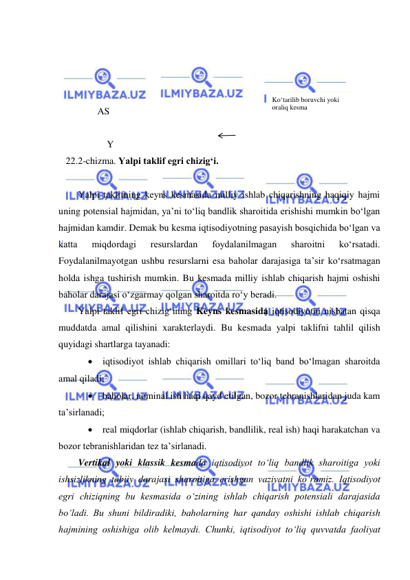  
 
 
 
 
  
        AS   
 
            Y 
   22.2-chizma. Yalpi taklif egri chizigʻi. 
 
Yalpi taklifning keyns kesmasida milliy ishlab chiqarishning haqiqiy hajmi 
uning potensial hajmidan, ya’ni toʻliq bandlik sharoitida erishishi mumkin boʻlgan 
hajmidan kamdir. Demak bu kesma iqtisodiyotning pasayish bosqichida boʻlgan va 
katta 
miqdordagi 
resurslardan 
foydalanilmagan 
sharoitni 
koʻrsatadi. 
Foydalanilmayotgan ushbu resurslarni esa baholar darajasiga ta’sir koʻrsatmagan 
holda ishga tushirish mumkin. Bu kesmada milliy ishlab chiqarish hajmi oshishi 
baholar darajasi oʻzgarmay qolgan sharoitda roʻy beradi. 
Yalpi taklif egri chizigʻining Keyns kesmasida iqtisodiyotni nisbatan qisqa 
muddatda amal qilishini xarakterlaydi. Bu kesmada yalpi taklifni tahlil qilish 
quyidagi shartlarga tayanadi: 
 iqtisodiyot ishlab chiqarish omillari toʻliq band boʻlmagan sharoitda 
amal qiladi; 
 baholar, nominal ish haqi qayd etilgan, bozor tebranishlaridan juda kam 
ta’sirlanadi; 
 real miqdorlar (ishlab chiqarish, bandlilik, real ish) haqi harakatchan va 
bozor tebranishlaridan tez ta’sirlanadi. 
Vertikal yoki klassik kesmada iqtisodiyot toʻliq bandlik sharoitiga yoki 
ishsizlikning tabiiy darajasi sharoitiga erishgan vaziyatni koʻramiz. Iqtisodiyot 
egri chiziqning bu kesmasida oʻzining ishlab chiqarish potensiali darajasida 
boʻladi. Bu shuni bildiradiki, baholarning har qanday oshishi ishlab chiqarish 
hajmining oshishiga olib kelmaydi. Chunki, iqtisodiyot toʻliq quvvatda faoliyat 
Koʻtarilib boruvchi yoki  
oraliq kesma 
