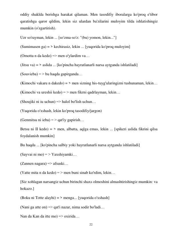 22 
 
oddiy shaklda berishga harakat qilaman. Men tasodifiy iboralarga ko'proq e'tibor 
qaratishga qaror qildim, lekin siz ulardan ba'zilarini muloyim tilda ishlatishingiz 
mumkin (o'zgartirish). 
Uzr so'rayman, lekin ... [so'zma-so'z: "(bu) yomon, lekin..."] 
(Sumimasen ga) = > kechirasiz, lekin ... [yuqorida ko'proq muloyim] 
(Omotta n da kedo) => men o'ylardim va… 
(Jitsu va) = > aslida ... [ko'pincha hayratlanarli narsa aytganda ishlatiladi] 
(Souvieba) = > bu haqda gapirganda… 
(Kimochi vakaru n dakedo) = > men sizning his-tuyg'ularingizni tushunaman, lekin… 
(Kimochi va ureshii kedo) = > men fikrni qadrlayman, lekin… 
(Shoujiki ni iu uchun) => halol bo'lish uchun… 
(Yuqorida o'xshash, lekin ko'proq tasodifiy/jargon) 
(Genmitsu ni ieba) = > qat'iy gapirish… 
Betsu ni II kedo) = > men, albatta, aqlga emas, lekin ... [spikeri aslida fikrini qilsa 
foydalanish mumkin] 
Bu haqda ... [ko'pincha salbiy yoki hayratlanarli narsa aytganda ishlatiladi] 
(Sayvai ni mo) = > Yaxshiyamki… 
(Zannen nagara) => afsuski… 
(Yatte mita n da kedo) = > men buni sinab ko'rdim, lekin… 
[Siz xohlagan narsangiz uchun birinchi shaxs olmoshini almashtirishingiz mumkin: va 
hokazo.] 
(Boku ni Totte alayhi) = > menga... [yuqorida o'xshash] 
(Nani ga atte on) => qat'i nazar, nima sodir bo'ladi… 
Nan da Kan da itte mo) => oxirida… 
