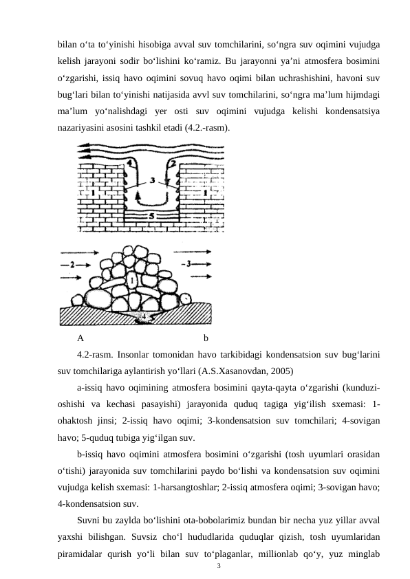 bilan o‘ta to‘yinishi hisobiga avval suv tomchilarini, so‘ngra suv oqimini vujudga
kelish jarayoni sodir bo‘lishini ko‘ramiz. Bu jarayonni ya’ni atmosfera bosimini
o‘zgarishi, issiq havo oqimini sovuq havo oqimi bilan uchrashishini, havoni suv
bug‘lari bilan to‘yinishi natijasida avvl suv tomchilarini, so‘ngra ma’lum hijmdagi
ma’lum  yo‘nalishdagi  yer  osti  suv  oqimini  vujudga  kelishi  kondensatsiya
nazariyasini asosini tashkil etadi (4.2.-rasm). 
A
b
4.2-rasm. Insonlar tomonidan havo tarkibidagi kondensatsion suv bug‘larini
suv tomchilariga aylantirish yo‘llari (A.S.Xasanovdan, 2005)
a-issiq havo oqimining atmosfera bosimini qayta-qayta o‘zgarishi (kunduzi-
oshishi  va  kechasi  pasayishi)  jarayonida  quduq  tagiga  yig‘ilish  sxemasi:  1-
ohaktosh jinsi;  2-issiq  havo oqimi;  3-kondensatsion  suv tomchilari;  4-sovigan
havo; 5-quduq tubiga yig‘ilgan suv.
b-issiq havo oqimini atmosfera bosimini o‘zgarishi (tosh uyumlari orasidan
o‘tishi) jarayonida suv tomchilarini paydo bo‘lishi va kondensatsion suv oqimini
vujudga kelish sxemasi: 1-harsangtoshlar; 2-issiq atmosfera oqimi; 3-sovigan havo;
4-kondensatsion suv. 
Suvni bu zaylda bo‘lishini ota-bobolarimiz bundan bir necha yuz yillar avval
yaxshi  bilishgan.  Suvsiz  cho‘l  hududlarida  quduqlar  qizish,  tosh  uyumlaridan
piramidalar  qurish  yo‘li  bilan  suv  to‘plaganlar,  millionlab  qo‘y,  yuz  minglab
3
