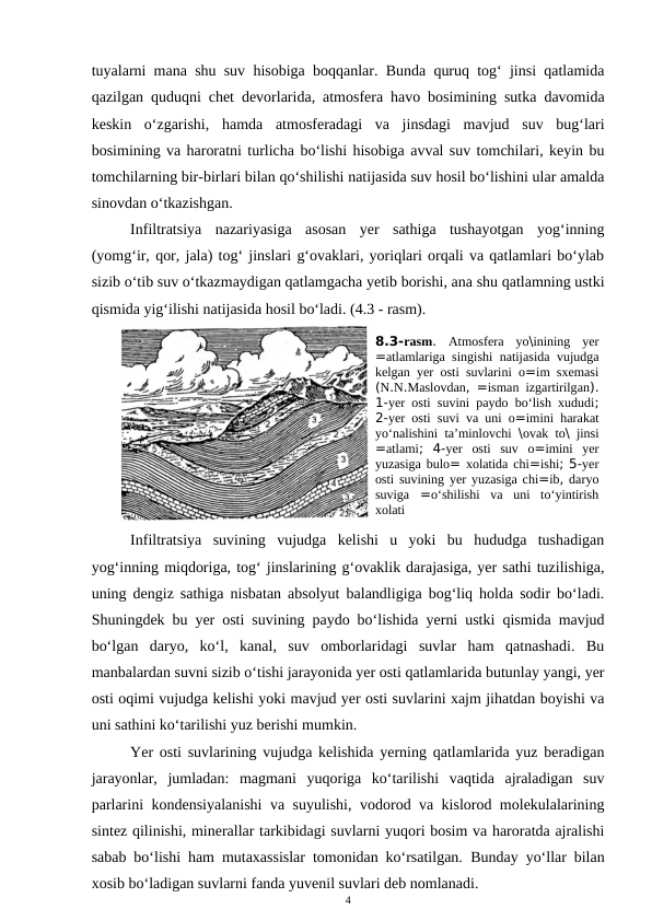 tuyalarni mana shu suv hisobiga boqqanlar. Bunda quruq tog‘ jinsi qatlamida
qazilgan quduqni chet devorlarida, atmosfera havo bosimining sutka davomida
keskin  o‘zgarishi,  hamda  atmosferadagi  va  jinsdagi  mavjud  suv  bug‘lari
bosimining va haroratni turlicha bo‘lishi hisobiga avval suv tomchilari, keyin bu
tomchilarning bir-birlari bilan qo‘shilishi natijasida suv hosil bo‘lishini ular amalda
sinovdan o‘tkazishgan.
Infiltratsiya  nazariyasiga  asosan  yer  sathiga  tushayotgan  yog‘inning
(yomg‘ir, qor, jala) tog‘ jinslari g‘ovaklari, yoriqlari orqali va qatlamlari bo‘ylab
sizib o‘tib suv o‘tkazmaydigan qatlamgacha yetib borishi, ana shu qatlamning ustki
qismida yig‘ilishi natijasida hosil bo‘ladi. (4.3 - rasm). 
Infiltratsiya  suvining  vujudga  kelishi  u  yoki  bu  hududga  tushadigan
yog‘inning miqdoriga, tog‘ jinslarining g‘ovaklik darajasiga, yer sathi tuzilishiga,
uning dengiz sathiga nisbatan absolyut balandligiga bog‘liq holda sodir bo‘ladi.
Shuningdek bu yer osti suvining paydo bo‘lishida yerni ustki qismida mavjud
bo‘lgan  daryo,  ko‘l,  kanal,  suv  omborlaridagi  suvlar  ham  qatnashadi.  Bu
manbalardan suvni sizib o‘tishi jarayonida yer osti qatlamlarida butunlay yangi, yer
osti oqimi vujudga kelishi yoki mavjud yer osti suvlarini xajm jihatdan boyishi va
uni sathini ko‘tarilishi yuz berishi mumkin.
Yer osti suvlarining vujudga kelishida yerning qatlamlarida yuz beradigan
jarayonlar,  jumladan:  magmani  yuqoriga  ko‘tarilishi  vaqtida  ajraladigan  suv
parlarini kondensiyalanishi  va suyulishi, vodorod va kislorod molekulalarining
sintez qilinishi, minerallar tarkibidagi suvlarni yuqori bosim va haroratda ajralishi
sabab bo‘lishi ham mutaxassislar tomonidan ko‘rsatilgan.  Bunday yo‘llar bilan
xosib bo‘ladigan suvlarni fanda yuvenil suvlari deb nomlanadi.
4
8.3-rasm.  Atmosfera yo\inining yer
=atlamlariga singishi natijasida vujudga
kelgan yer osti suvlarini o=im sxemasi
(N.N.Maslovdan, =isman izgartirilgan).
1-yer osti suvini paydo bo‘lish xududi;
2-yer osti suvi va uni o=imini harakat
yo‘nalishini ta’minlovchi \ovak to\  jinsi
=atlami;  4-yer osti suv o=imini yer
yuzasiga bulo= xolatida chi=ishi; 5-yer
osti suvining yer yuzasiga chi=ib, daryo
suviga =o‘shilishi va uni to‘yintirish
xolati 

