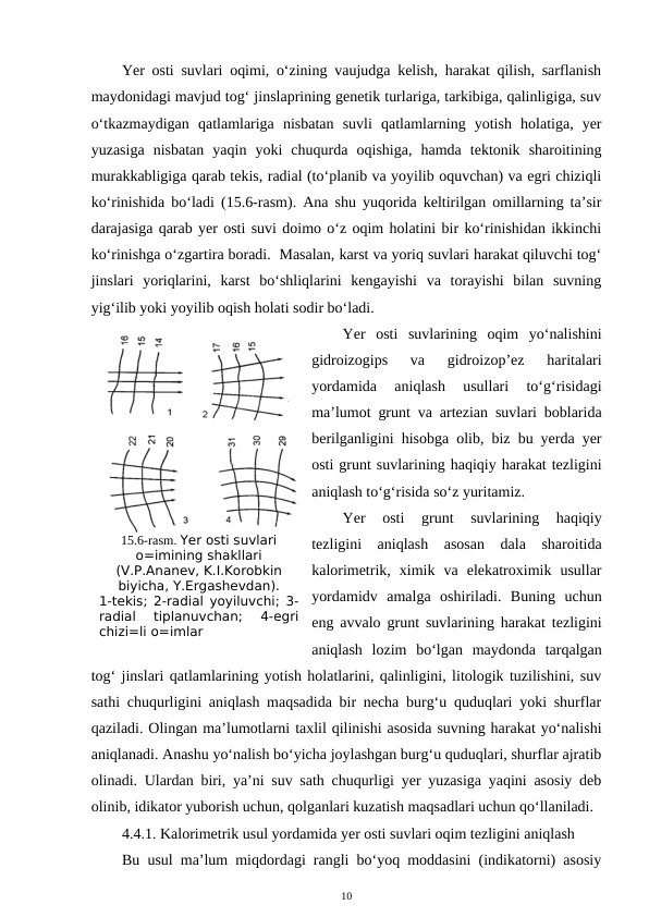 Yer osti suvlari oqimi, o‘zining vaujudga kelish, harakat qilish, sarflanish
maydonidagi mavjud tog‘ jinslaprining genetik turlariga, tarkibiga, qalinligiga, suv
o‘tkazmaydigan  qatlamlariga  nisbatan  suvli  qatlamlarning  yotish  holatiga,  yer
yuzasiga  nisbatan  yaqin  yoki  chuqurda  oqishiga,  hamda  tektonik  sharoitining
murakkabligiga qarab tekis, radial (to‘planib va yoyilib oquvchan) va egri chiziqli
ko‘rinishida bo‘ladi (15.6-rasm). Ana shu yuqorida keltirilgan omillarning ta’sir
darajasiga qarab yer osti suvi doimo o‘z oqim holatini bir ko‘rinishidan ikkinchi
ko‘rinishga o‘zgartira boradi.  Masalan, karst va yoriq suvlari harakat qiluvchi tog‘
jinslari  yoriqlarini,  karst  bo‘shliqlarini  kengayishi  va  torayishi  bilan  suvning
yig‘ilib yoki yoyilib oqish holati sodir bo‘ladi.
Yer  osti  suvlarining  oqim  yo‘nalishini
gidroizogips  va  gidroizop’ez  haritalari
yordamida  aniqlash  usullari  to‘g‘risidagi
ma’lumot grunt va artezian suvlari boblarida
berilganligini hisobga olib, biz bu yerda yer
osti grunt suvlarining haqiqiy harakat tezligini
aniqlash to‘g‘risida so‘z yuritamiz.
Yer  osti  grunt  suvlarining  haqiqiy
tezligini  aniqlash  asosan  dala  sharoitida
kalorimetrik,  ximik  va  elekatroximik  usullar
yordamidv  amalga  oshiriladi.  Buning  uchun
eng avvalo grunt suvlarining harakat tezligini
aniqlash  lozim  bo‘lgan  maydonda  tarqalgan
tog‘ jinslari qatlamlarining yotish holatlarini, qalinligini, litologik tuzilishini, suv
sathi chuqurligini aniqlash maqsadida bir necha burg‘u quduqlari yoki shurflar
qaziladi. Olingan ma’lumotlarni taxlil qilinishi asosida suvning harakat yo‘nalishi
aniqlanadi. Anashu yo‘nalish bo‘yicha joylashgan burg‘u quduqlari, shurflar ajratib
olinadi. Ulardan biri, ya’ni suv sath chuqurligi yer yuzasiga yaqini asosiy deb
olinib, idikator yuborish uchun, qolganlari kuzatish maqsadlari uchun qo‘llaniladi.
4.4.1. Kalorimetrik usul yordamida yer osti suvlari oqim tezligini aniqlash
Bu usul ma’lum miqdordagi rangli bo‘yoq moddasini (indikatorni) asosiy
10
15.6-rasm. Yer osti suvlari
o=imining shakllari
(V.P.Ananev, K.I.Korobkin
biyicha, Y.Ergashevdan).
1-tekis; 2-radial yoyiluvchi; 3-
radial  tiplanuvchan;  4-egri
chizi=li o=imlar
