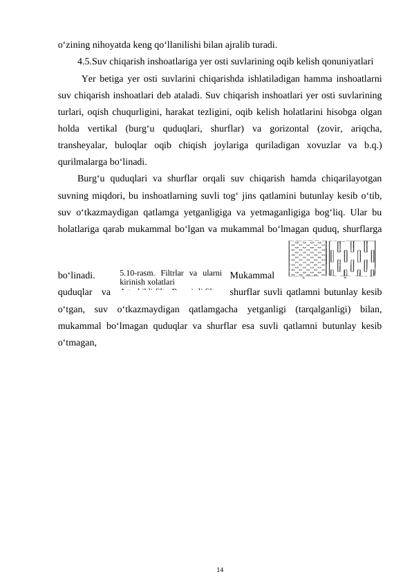 o‘zining nihoyatda keng qo‘llanilishi bilan ajralib turadi.
4.5.Suv chiqarish inshoatlariga yer osti suvlarining oqib kelish qonuniyatlari
 Yer betiga yer osti suvlarini chiqarishda ishlatiladigan hamma inshoatlarni
suv chiqarish inshoatlari deb ataladi. Suv chiqarish inshoatlari yer osti suvlarining
turlari, oqish chuqurligini, harakat tezligini, oqib kelish holatlarini hisobga olgan
holda  vertikal  (burg‘u  quduqlari,  shurflar)  va  gorizontal  (zovir,  ariqcha,
transheyalar,  buloqlar  oqib  chiqish  joylariga  quriladigan  xovuzlar  va  b.q.)
qurilmalarga bo‘linadi.
Burg‘u  quduqlari  va  shurflar  orqali  suv  chiqarish  hamda  chiqarilayotgan
suvning miqdori, bu inshoatlarning suvli tog‘ jins qatlamini butunlay kesib o‘tib,
suv o‘tkazmaydigan qatlamga yetganligiga va yetmaganligiga bog‘liq. Ular bu
holatlariga qarab mukammal bo‘lgan va mukammal bo‘lmagan quduq, shurflarga
bo‘linadi.
Mukammal  
quduqlar  va
shurflar suvli qatlamni butunlay kesib
o‘tgan,  suv  o‘tkazmaydigan  qatlamgacha  yetganligi  (tarqalganligi)  bilan,
mukammal bo‘lmagan quduqlar va shurflar esa suvli qatlamni butunlay kesib
o‘tmagan, 
14
5.10-rasm.  Filtrlar  va  ularni
kirinish xolatlari
A-teshikli filtr; B-yori=li filtr
