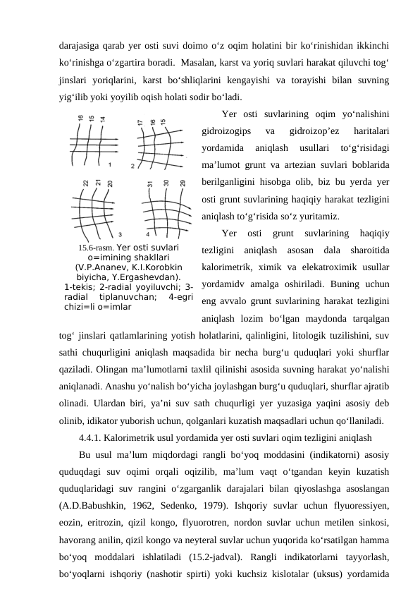 darajasiga qarab yer osti suvi doimo o‘z oqim holatini bir ko‘rinishidan ikkinchi
ko‘rinishga o‘zgartira boradi.  Masalan, karst va yoriq suvlari harakat qiluvchi tog‘
jinslari  yoriqlarini,  karst  bo‘shliqlarini  kengayishi  va  torayishi  bilan  suvning
yig‘ilib yoki yoyilib oqish holati sodir bo‘ladi.
Yer  osti  suvlarining  oqim  yo‘nalishini
gidroizogips  va  gidroizop’ez  haritalari
yordamida  aniqlash  usullari  to‘g‘risidagi
ma’lumot grunt va artezian suvlari boblarida
berilganligini hisobga olib, biz bu yerda yer
osti grunt suvlarining haqiqiy harakat tezligini
aniqlash to‘g‘risida so‘z yuritamiz.
Yer  osti  grunt  suvlarining  haqiqiy
tezligini  aniqlash  asosan  dala  sharoitida
kalorimetrik,  ximik  va  elekatroximik  usullar
yordamidv  amalga  oshiriladi.  Buning  uchun
eng avvalo grunt suvlarining harakat tezligini
aniqlash  lozim  bo‘lgan  maydonda  tarqalgan
tog‘ jinslari qatlamlarining yotish holatlarini, qalinligini, litologik tuzilishini, suv
sathi chuqurligini aniqlash maqsadida bir necha burg‘u quduqlari yoki shurflar
qaziladi. Olingan ma’lumotlarni taxlil qilinishi asosida suvning harakat yo‘nalishi
aniqlanadi. Anashu yo‘nalish bo‘yicha joylashgan burg‘u quduqlari, shurflar ajratib
olinadi. Ulardan biri, ya’ni suv sath chuqurligi yer yuzasiga yaqini asosiy deb
olinib, idikator yuborish uchun, qolganlari kuzatish maqsadlari uchun qo‘llaniladi.
4.4.1. Kalorimetrik usul yordamida yer osti suvlari oqim tezligini aniqlash
Bu usul ma’lum miqdordagi rangli bo‘yoq moddasini (indikatorni) asosiy
quduqdagi  suv  oqimi  orqali  oqizilib,  ma’lum  vaqt  o‘tgandan  keyin  kuzatish
quduqlaridagi  suv rangini o‘zgarganlik darajalari bilan qiyoslashga asoslangan
(A.D.Babushkin,  1962,  Sedenko,  1979).  Ishqoriy  suvlar  uchun  flyuoressiyen,
eozin, eritrozin, qizil kongo, flyuorotren, nordon suvlar uchun metilen sinkosi,
havorang anilin, qizil kongo va neyteral suvlar uchun yuqorida ko‘rsatilgan hamma
bo‘yoq  moddalari  ishlatiladi  (15.2-jadval).  Rangli  indikatorlarni  tayyorlash,
bo‘yoqlarni ishqoriy (nashotir spirti) yoki kuchsiz kislotalar (uksus) yordamida
15.6-rasm. Yer osti suvlari
o=imining shakllari
(V.P.Ananev, K.I.Korobkin
biyicha, Y.Ergashevdan).
1-tekis; 2-radial yoyiluvchi; 3-
radial  tiplanuvchan;  4-egri
chizi=li o=imlar
