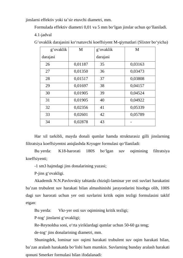 jinslarni effektiv yoki ta’sir etuvchi diametri, mm.
Formulada effektiv diametri 0,01 va 5 mm bo‘lgan jinslar uchun qo‘llaniladi.
4.1-jadval
G‘ovaklik darajasini ko‘rsatuvchi koeffsiyent M-qiymatlari (Slixter bo‘yicha)
g‘ovaklik
darajasi
M 
g‘ovaklik
darajasi
M 
26
0,01187
35
0,03163
27
0,01350
36
0,03473
28
0,01517
37
0,03808
29
0,01697
38
0,04157
30
0,01905
39
0,04524
31
0,01905
40
0,04922
32
0,02356
41
0,05339
33
0,02601
42
0,05789
34
0,02878
43
-
Har xil tarkibli, mayda donali qumlar hamda strukturasiz gilli jinslarning
filtratsiya koeffsiyentni aniqlashda Kryuger formulasi qo‘llaniladi:
Bu yerda: 
K18-harorati  180S  bo‘lgan  suv  oqimining  filtratsiya
koeffsiyenti;
-1 sm3 hajmdagi jins donalarining yuzasi;
P-jins g‘ovakligi.
Akademik N.N.Pavlovskiy tabiatda chiziqli-laminar yer osti suvlari harakatini
ba’zan trubulent suv harakati bilan almashinishi jarayonlarini hisobga olib, 100S
dagi suv harorati uchun yer osti suvlarini kritik oqim tezligi formulasini taklif
etgan:
Bu yerda: 
Vkr-yer osti suv oqimining kritik tezligi;
P-tog‘ jinslarni g‘ovakligi;
Re-Reynoldsa soni, o‘rta yiriklardagi qumlar uchun 50-60 ga teng;
de-tog‘ jins donalarining diametri, mm.
Shuningdek, lominar suv oqimi harakati trubulent suv oqim harakati bilan,
ba’zan aralash harakatda bo‘lishi ham mumkin. Suvlarning bunday aralash harakati
qonuni Smerker formulasi bilan ifodalanadi:
