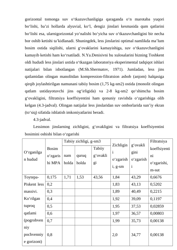 gorizontal  tomonga  suv  o‘tkazuvchanligiga  qaraganda  o‘n  marotaba  yuqori
bo‘lishi, ba’zi  hollarda alyuvial, ko‘l, dengiz jinslari kesmasida  qum  qatlarini
bo‘lishi esa, ularnigorizontal yo‘nalishi bo‘yicha suv o‘tkazuvchanligini bir necha
bor oshib ketishi ta’kidlanadi. Shuningdek, less jinslarini optimal namlikda ma’lum
bosim  ostida  siqilishi, ularni  g‘ovaklarini  kamayishiga,  suv o‘tkazuvchanligini
kamayib ketishi ham ko‘rsatiladi. N.Ya.Denisivni bu xulosalarini bizning Toshkent
oldi hududi less jinslari ustida o‘tkazgan laboratoriya eksperimental tadqiqot ishlari
natijalari  bilan  isbotlangan  (M.Sh.Shermatov,  1971).  Jumladan,  less  jins
qatlamidan olingan manolitdan kompression-filtratsion asbob (anjom) halqasiga
qirqib joylashtirilgan namunani tabiiy bosim (1,75 kg-sm2) ostida (monolit olingan
qatlam  ustidayotuvchi  jins  og‘irligida)  va  2-8  kg-sm2  qo‘shimcha  bosim
g‘ovakligini,  filtratsiya  koeffsiyentini  ham  qonuniy  ravishda  o‘zgarishiga  olib
kelgan (4.3-jadval). Olingan natijalar less jinslaridan suv omborlarida sun’iy ekran
(to‘siq) sifatida ishlatish imkoniyatlarini beradi.
4.3-jadval.
Lessimon  jinslarning  zichligini,  g‘ovakligini  va  filtratsiya  koeffsiyentini
bosimini oshishi bilan o‘zgarishi
O‘rganilga
n hudud
Bosim
o‘zgaris
hi MPA
Tabiiy zichligi, g-sm3
Zichligin
i
o‘zgarish
i, g-sm
g‘ovakli
gini
o‘zgarish
i
Filtratsiya
koeffsiyenti
ni
o‘zgarishi,
m-sut
nam
holda
quruq
holda
Tabiiy
g‘ovakli
gi
Toytepa-
Piskent less
massivi.
Ko‘rilgan
tuproq
qatlami
(pogrobven
niy
pochvenniy
e gorizont)
0,175
1,71
1,53
43,56
1,84
43,29
0,6676
0,2
1,83
43,13
0,5202
0,3
1,89
40,49
0,2215
0,4
1,92
39,09
0,1197
0,5
1,95
37,53
0,02859
0,6
1,97
36,57
0,00803
0,7
1,99
35,73
0,00138
0,8
2,0
34,77
0,00138
