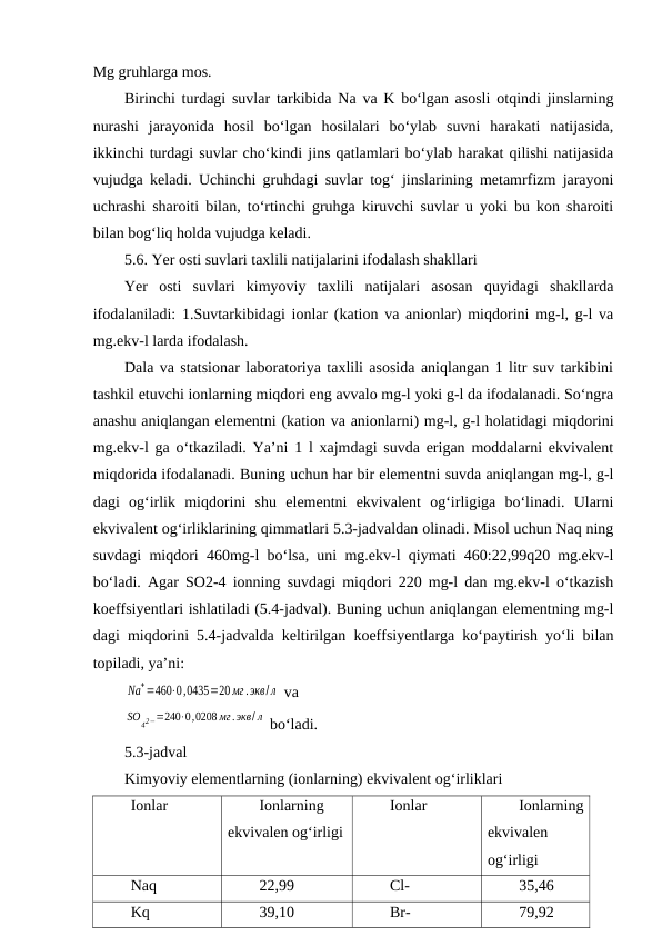 Mg gruhlarga mos.
Birinchi turdagi suvlar tarkibida Na va K bo‘lgan asosli otqindi jinslarning
nurashi  jarayonida  hosil  bo‘lgan  hosilalari  bo‘ylab  suvni  harakati  natijasida,
ikkinchi turdagi suvlar cho‘kindi jins qatlamlari bo‘ylab harakat qilishi natijasida
vujudga keladi. Uchinchi gruhdagi suvlar tog‘ jinslarining metamrfizm jarayoni
uchrashi sharoiti bilan, to‘rtinchi gruhga kiruvchi suvlar u yoki bu kon sharoiti
bilan bog‘liq holda vujudga keladi. 
5.6. Yer osti suvlari taxlili natijalarini ifodalash shakllari
Yer  osti  suvlari  kimyoviy  taxlili  natijalari  asosan  quyidagi  shakllarda
ifodalaniladi: 1.Suvtarkibidagi ionlar (kation va anionlar) miqdorini mg-l, g-l va
mg.ekv-l larda ifodalash. 
Dala va statsionar laboratoriya taxlili asosida aniqlangan 1 litr suv tarkibini
tashkil etuvchi ionlarning miqdori eng avvalo mg-l yoki g-l da ifodalanadi. So‘ngra
anashu aniqlangan elementni (kation va anionlarni) mg-l, g-l holatidagi miqdorini
mg.ekv-l ga o‘tkaziladi. Ya’ni 1 l xajmdagi suvda erigan moddalarni ekvivalent
miqdorida ifodalanadi. Buning uchun har bir elementni suvda aniqlangan mg-l, g-l
dagi  og‘irlik  miqdorini  shu  elementni  ekvivalent  og‘irligiga  bo‘linadi.  Ularni
ekvivalent og‘irliklarining qimmatlari 5.3-jadvaldan olinadi. Misol uchun Naq ning
suvdagi miqdori 460mg-l bo‘lsa, uni mg.ekv-l qiymati 460:22,99q20 mg.ekv-l
bo‘ladi. Agar SO2-4 ionning suvdagi miqdori 220 mg-l dan mg.ekv-l o‘tkazish
koeffsiyentlari ishlatiladi (5.4-jadval). Buning uchun aniqlangan elementning mg-l
dagi miqdorini 5.4-jadvalda keltirilgan koeffsiyentlarga ko‘paytirish yo‘li bilan
topiladi, ya’ni:
Na
+=460⋅0,0435=20 мг.экв/л  va
SO
42−=240⋅0,0208 мг.экв/ л  bo‘ladi.
5.3-jadval
Kimyoviy elementlarning (ionlarning) ekvivalent og‘irliklari
Ionlar 
Ionlarning
ekvivalen og‘irligi
Ionlar 
Ionlarning
ekvivalen
og‘irligi
Naq
22,99
Cl-
35,46
Kq
39,10
Br-
79,92
