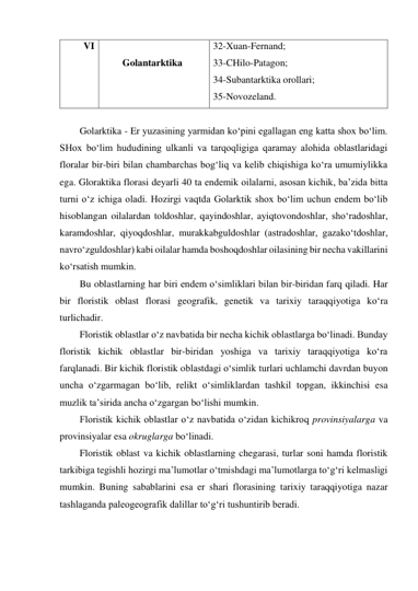 VI 
 
Golantarktika  
32-Xuan-Fernand;  
33-CHilo-Patagon;  
34-Subantarktika orollari;  
35-Novozeland. 
 
Golarktika - Er yuzasining yarmidan ko‘pini egallagan eng katta shox bo‘lim. 
SHox bo‘lim hududining ulkanli va tarqoqligiga qaramay alohida oblastlaridagi 
floralar bir-biri bilan chambarchas bog‘liq va kelib chiqishiga ko‘ra umumiylikka 
ega. Gloraktika florasi deyarli 40 ta endemik oilalarni, asosan kichik, ba’zida bitta 
turni o‘z ichiga oladi. Hozirgi vaqtda Golarktik shox bo‘lim uchun endem bo‘lib 
hisoblangan oilalardan toldoshlar, qayindoshlar, ayiqtovondoshlar, sho‘radoshlar, 
karamdoshlar, qiyoqdoshlar, murakkabguldoshlar (astradoshlar, gazako‘tdoshlar, 
navro‘zguldoshlar) kabi oilalar hamda boshoqdoshlar oilasining bir necha vakillarini 
ko‘rsatish mumkin. 
Bu oblastlarning har biri endem o‘simliklari bilan bir-biridan farq qiladi. Har 
bir floristik oblast florasi geografik, genetik va tarixiy taraqqiyotiga ko‘ra 
turlichadir. 
Floristik oblastlar o‘z navbatida bir necha kichik oblastlarga bo‘linadi. Bunday 
floristik kichik oblastlar bir-biridan yoshiga va tarixiy taraqqiyotiga ko‘ra 
farqlanadi. Bir kichik floristik oblastdagi o‘simlik turlari uchlamchi davrdan buyon 
uncha o‘zgarmagan bo‘lib, relikt o‘simliklardan tashkil topgan, ikkinchisi esa 
muzlik ta’sirida ancha o‘zgargan bo‘lishi mumkin.  
Floristik kichik oblastlar o‘z navbatida o‘zidan kichikroq provinsiyalarga va 
provinsiyalar esa okruglarga bo‘linadi. 
Floristik oblast va kichik oblastlarning chegarasi, turlar soni hamda floristik 
tarkibiga tegishli hozirgi ma’lumotlar o‘tmishdagi ma’lumotlarga to‘g‘ri kelmasligi 
mumkin. Buning sabablarini esa er shari florasining tarixiy taraqqiyotiga nazar 
tashlaganda paleogeografik dalillar to‘g‘ri tushuntirib beradi.  
