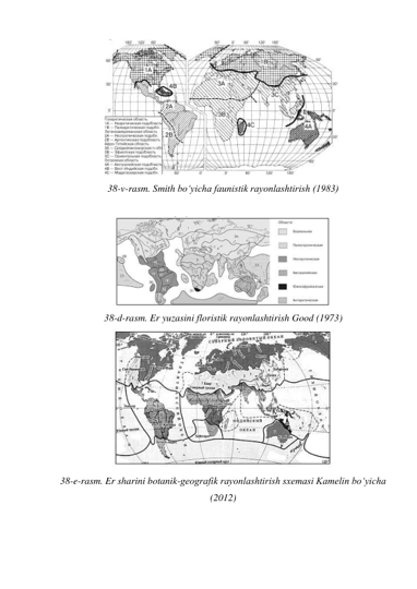  
38-v-rasm. Smith bo‘yicha faunistik rayonlashtirish (1983) 
 
 
38-d-rasm. Er yuzasini floristik rayonlashtirish Good (1973) 
 
38-e-rasm. Er sharini botanik-geografik rayonlashtirish sxemasi Kamelin bo‘yicha 
(2012) 
