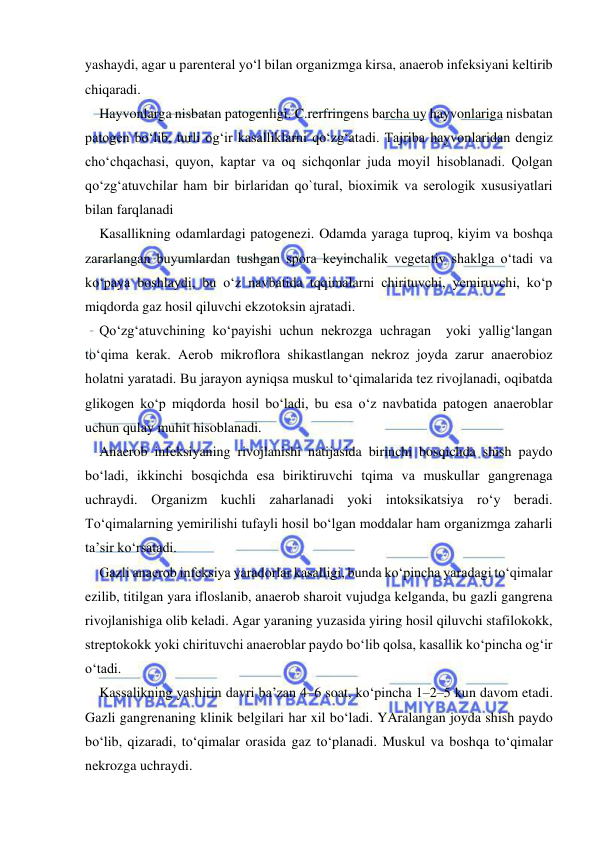  
 
yashaydi, agar u parenteral yo‘l bilan organizmga kirsa, anaerob infeksiyani keltirib 
chiqaradi.  
Hayvonlarga nisbatan patogenligi. C.rerfringens barcha uy hayvonlariga nisbatan 
patogen bo‘lib, turli og‘ir kasalliklarni qo‘zg‘atadi. Tajriba hayvonlaridan dengiz 
cho‘chqachasi, quyon, kaptar va oq sichqonlar juda moyil hisoblanadi. Qolgan 
qo‘zg‘atuvchilar ham bir birlaridan qo`tural, bioximik va serologik xususiyatlari 
bilan farqlanadi 
Kasallikning odamlardagi patogenezi. Odamda yaraga tuproq, kiyim va boshqa 
zararlangan buyumlardan tushgan spora keyinchalik vegetativ shaklga o‘tadi va 
ko‘paya boshlaydi, bu o‘z navbatida tqqimalarni chirituvchi, yemiruvchi, ko‘p 
miqdorda gaz hosil qiluvchi ekzotoksin ajratadi. 
Qo‘zg‘atuvchining ko‘payishi uchun nekrozga uchragan  yoki yallig‘langan 
to‘qima kerak. Aerob mikroflora shikastlangan nekroz joyda zarur anaerobioz 
holatni yaratadi. Bu jarayon ayniqsa muskul to‘qimalarida tez rivojlanadi, oqibatda 
glikogen ko‘p miqdorda hosil bo‘ladi, bu esa o‘z navbatida patogen anaeroblar 
uchun qulay muhit hisoblanadi. 
Anaerob infeksiyaning rivojlanishi natijasida birinchi bosqichda shish paydo 
bo‘ladi, ikkinchi bosqichda esa biriktiruvchi tqima va muskullar gangrenaga 
uchraydi. Organizm kuchli zaharlanadi yoki intoksikatsiya ro‘y beradi. 
To‘qimalarning yemirilishi tufayli hosil bo‘lgan moddalar ham organizmga zaharli 
ta’sir ko‘rsatadi. 
Gazli anaerob infeksiya yaradorlar kasalligi, bunda ko‘pincha yaradagi to‘qimalar 
ezilib, titilgan yara ifloslanib, anaerob sharoit vujudga kelganda, bu gazli gangrena 
rivojlanishiga olib keladi. Agar yaraning yuzasida yiring hosil qiluvchi stafilokokk, 
streptokokk yoki chirituvchi anaeroblar paydo bo‘lib qolsa, kasallik ko‘pincha og‘ir 
o‘tadi. 
Kassalikning yashirin davri ba’zan 4–6 soat, ko‘pincha 1–2–5 kun davom etadi. 
Gazli gangrenaning klinik belgilari har xil bo‘ladi. YAralangan joyda shish paydo 
bo‘lib, qizaradi, to‘qimalar orasida gaz to‘planadi. Muskul va boshqa to‘qimalar 
nekrozga uchraydi. 
