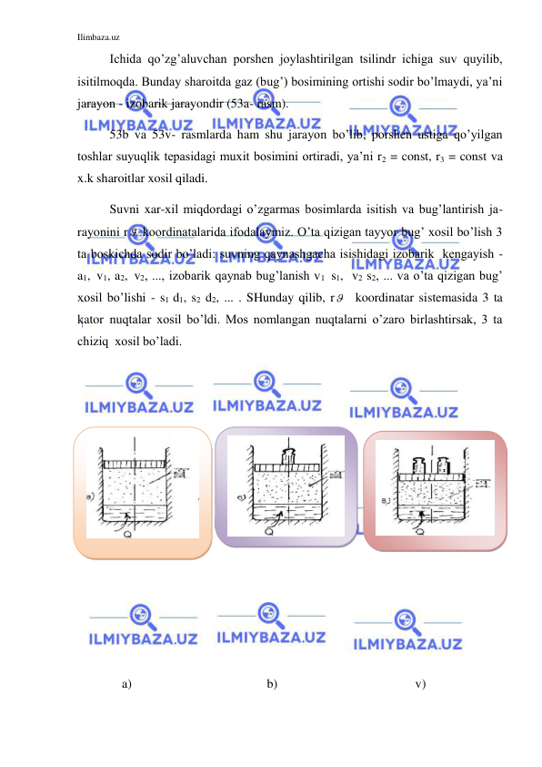 Ilimbaza.uz 
 
Ichida qo’zg’aluvchan porshen joylashtirilgan tsilindr ichiga suv quyilib, 
isitilmoqda. Bunday sharoitda gaz (bug’) bosimining ortishi sodir bo’lmaydi, ya’ni 
jarayon - izobarik jarayondir (53a- rasm).  
 
53b va 53v- rasmlarda ham shu jarayon bo’lib, porshen ustiga qo’yilgan 
toshlar suyuqlik tepasidagi muxit bosimini ortiradi, ya’ni r2 = const, r3 = const va 
x.k sharoitlar xosil qiladi.  
Suvni xar-xil miqdordagi o’zgarmas bosimlarda isitish va bug’lantirish ja-
rayonini r  koordinatalarida ifodalaymiz. O’ta qizigan tayyor bug’ xosil bo’lish 3 
ta boskichda sodir bo’ladi: suvning qaynashgacha isishidagi izobarik  kengayish - 
a1,  v1, a2,  v2, ..., izobarik qaynab bug’lanish v1  s1,  v2 s2, ... va o’ta qizigan bug’ 
xosil bo’lishi - s1 d1, s2 d2, ... . SHunday qilib, r   koordinatar sistemasida 3 ta  
kator  nuqtalar xosil bo’ldi. Mos nomlangan nuqtalarni o’zaro birlashtirsak, 3 ta 
chiziq  xosil bo’ladi. 
 
 
 
 
 
 
 
 
 
 
 
              a) 
 
 
 
 
 
 
 
 
              b) 
 
 
 
 
 
 
 
 
               v) 
 
 
 
