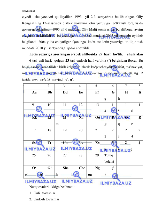 Ilmiybaza.uz 
 
ziyodi  shu yozuvni qo‘llaydilar. 1993  yil 2-3 sentyabrda bo‘lib o‘tgan Oliy 
Kengashning 13-sessiyada o‘zbek yozuvini lotin yozuviga  o‘tkazish to‘g‘risida  
qonun qabul qilindi. 1995 yil 6 maydagi Oliy Malij sessiyasida  bu alifboga  ayrim 
o‘zgarishlar kiritildi va  bu yozuvga  to‘liq o‘tish muddati 2005 yil sentyabr oyi deb 
belgilandi. 2004 yilda chiqarilgan Qonunga  ko‘ra esa lotin yozuviga  to‘liq o‘tish 
muddati  2010 yil sentyabriga  qadar cho‘zildi.   
Lotin yozuviga asoslangan o‘zbek alifbosida  29  harf   bo‘lib,     shulardan     
6 tasi unli harf,  qolgan 23 tasi undosh harf va bitta (’) belgisidan iborat. Bu 
belgi, asosan, arab tilidan kirib kelgan so‘zlarda ko‘p uchraydi(ma’rifat, ma’naviyat, 
ma’no kabilar). Undosh harflardan 3 tasi harfiy birikma hisoblanadi: sh, ch, ng.  2  
tasida  tepa  belgisi  mavjud:  o‘, g‘. 
1 
2 
3 
4 
5 
6 
7 
8 
Aa 
Bb 
Dd 
Ee 
Ff 
G
g 
H
h 
Ii 
9 
10 
11 
12 
13 
1
4 
1
5 
1
6 
Kk 
Ll 
M
m 
Nn 
Oo 
P
p 
Q
q 
R
r 
17 
18 
19 
20 
21 
2
2 
2
3 
2
4 
Ss 
Tt 
Uu 
Vv 
Xx 
Y
y 
Z
z 
J
j 
25 
26 
27 
28 
29 
Tutuq 
belgisi 
 
 
O‘
o‘ 
G‘
g‘ 
Shs
h 
Chc
h 
Ng
ng 
(’
) 
 
 
 
Nutq tovulari  ikkiga bo‘linadi: 
1. Unli  tovushlar 
2. Undosh tovushlar 
