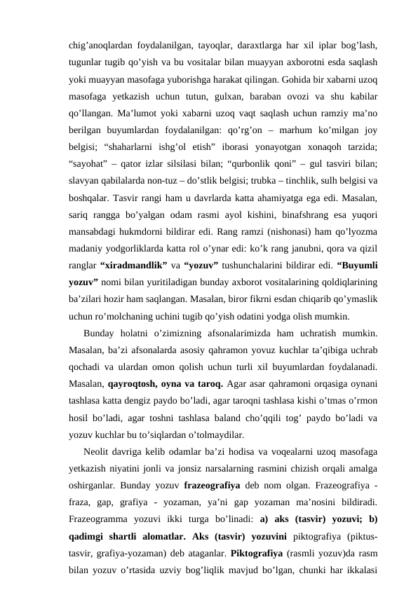 chig’anoqlardan foydalanilgan, tayoqlar, daraxtlarga har xil iplar bog’lash,
tugunlar tugib qo’yish va bu vositalar bilan muayyan axborotni esda saqlash
yoki muayyan masofaga yuborishga harakat qilingan. Gohida bir xabarni uzoq
masofaga  yetkazish  uchun  tutun,  gulxan,  baraban  ovozi  va  shu  kabilar
qo’llangan. Ma’lumot yoki xabarni uzoq vaqt saqlash uchun ramziy ma’no
berilgan  buyumlardan  foydalanilgan:  qo’rg’on  –  marhum  ko’milgan  joy
belgisi;  “shaharlarni  ishg’ol  etish”  iborasi  yonayotgan  xonaqoh  tarzida;
“sayohat” – qator izlar silsilasi bilan; “qurbonlik qoni” – gul tasviri bilan;
slavyan qabilalarda non-tuz – do’stlik belgisi; trubka – tinchlik, sulh belgisi va
boshqalar. Tasvir rangi ham u davrlarda katta ahamiyatga ega edi. Masalan,
sariq  rangga  bo’yalgan  odam  rasmi  ayol  kishini,  binafshrang  esa  yuqori
mansabdagi hukmdorni bildirar edi. Rang ramzi (nishonasi) ham qo’lyozma
madaniy yodgorliklarda katta rol o’ynar edi: ko’k rang janubni, qora va qizil
ranglar “xiradmandlik” va “yozuv” tushunchalarini bildirar edi. “Buyumli
yozuv” nomi bilan yuritiladigan bunday axborot vositalarining qoldiqlarining
ba’zilari hozir ham saqlangan. Masalan, biror fikrni esdan chiqarib qo’ymaslik
uchun ro’molchaning uchini tugib qo’yish odatini yodga olish mumkin.
Bunday  holatni  o’zimizning  afsonalarimizda  ham  uchratish  mumkin.
Masalan, ba’zi afsonalarda asosiy qahramon yovuz kuchlar ta’qibiga uchrab
qochadi va ulardan omon qolish uchun turli xil buyumlardan foydalanadi.
Masalan, qayroqtosh, oyna va taroq. Agar asar qahramoni orqasiga oynani
tashlasa katta dengiz paydo bo’ladi, agar taroqni tashlasa kishi o’tmas o’rmon
hosil bo’ladi, agar toshni tashlasa baland cho’qqili tog’ paydo bo’ladi va
yozuv kuchlar bu to’siqlardan o’tolmaydilar.
Neolit davriga kelib odamlar ba’zi hodisa va voqealarni uzoq masofaga
yetkazish niyatini jonli va jonsiz narsalarning rasmini chizish orqali amalga
oshirganlar. Bunday yozuv  frazeografiya deb nom olgan. Frazeografiya -
fraza,  gap,  grafiya  -  yozaman,  ya’ni  gap  yozaman  ma’nosini  bildiradi.
Frazeogramma  yozuvi  ikki  turga  bo’linadi:  a)  aks  (tasvir)  yozuvi;  b)
qadimgi  shartli  alomatlar. Aks  (tasvir)  yozuvini piktografiya  (piktus-
tasvir, grafiya-yozaman) deb ataganlar. Piktografiya (rasmli yozuv)da rasm
bilan yozuv o’rtasida uzviy bog’liqlik mavjud bo’lgan, chunki har ikkalasi
