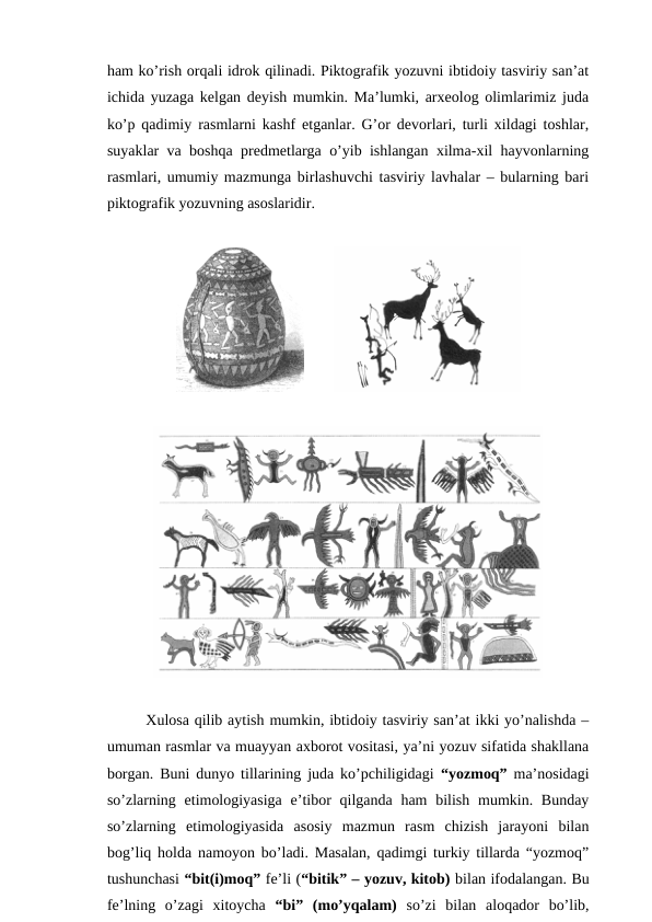 ham ko’rish orqali idrok qilinadi. Piktografik yozuvni ibtidoiy tasviriy san’at
ichida yuzaga kelgan deyish mumkin. Ma’lumki, arxeolog olimlarimiz juda
ko’p qadimiy rasmlarni kashf etganlar. G’or devorlari, turli xildagi toshlar,
suyaklar va boshqa predmetlarga o’yib ishlangan xilma-xil hayvonlarning
rasmlari, umumiy mazmunga birlashuvchi tasviriy lavhalar – bularning bari
piktografik yozuvning asoslaridir. 
        
Xulosa qilib aytish mumkin, ibtidoiy tasviriy san’at ikki yo’nalishda –
umuman rasmlar va muayyan axborot vositasi, ya’ni yozuv sifatida shakllana
borgan. Buni dunyo tillarining juda ko’pchiligidagi  “yozmoq”  ma’nosidagi
so’zlarning etimologiyasiga  e’tibor  qilganda ham  bilish  mumkin. Bunday
so’zlarning  etimologiyasida  asosiy  mazmun  rasm  chizish  jarayoni  bilan
bog’liq holda namoyon bo’ladi. Masalan, qadimgi turkiy tillarda “yozmoq”
tushunchasi “bit(i)moq” fe’li (“bitik” – yozuv, kitob) bilan ifodalangan. Bu
fe’lning  o’zagi  xitoycha  “bi”  (mo’yqalam)  so’zi  bilan  aloqador  bo’lib,
