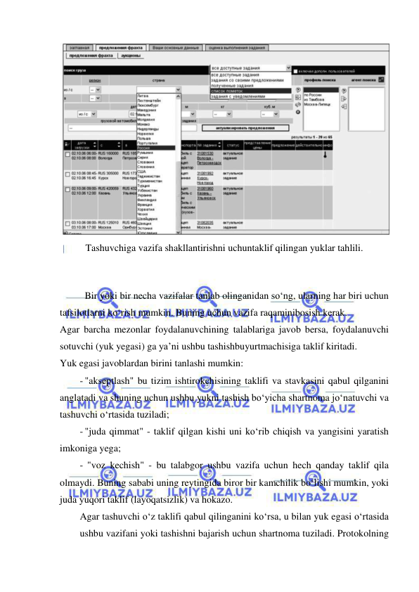  
 
 
Tashuvchiga vazifa shakllantirishni uchuntaklif qilingan yuklar tahlili. 
 
 
 
Bir yoki bir necha vazifalar tanlab olinganidan so‘ng, ularning har biri uchun 
tafsilotlarni ko‘rish mumkin. Buning uchun vazifa raqaminibosish kerak. 
Agar barcha mezonlar foydalanuvchining talablariga javob bersa, foydalanuvchi 
sotuvchi (yuk yegasi) ga ya’ni ushbu tashishbuyurtmachisiga taklif kiritadi. 
Yuk egasi javoblardan birini tanlashi mumkin: 
- "akseptlash" bu tizim ishtirokchisining taklifi va stavkasini qabul qilganini 
anglatadi va shuning uchun ushbu yukni tashish bo‘yicha shartnoma jo‘natuvchi va 
tashuvchi o‘rtasida tuziladi; 
- "juda qimmat" - taklif qilgan kishi uni ko‘rib chiqish va yangisini yaratish 
imkoniga yega; 
-  "voz kechish" - bu talabgor ushbu vazifa uchun hech qanday taklif qila 
olmaydi. Buning sababi uning reytingida biror bir kamchilik bo‘lishi mumkin, yoki 
juda yuqori taklif (layoqatsizlik) va hokazo. 
Agar tashuvchi o‘z taklifi qabul qilinganini ko‘rsa, u bilan yuk egasi o‘rtasida 
ushbu vazifani yoki tashishni bajarish uchun shartnoma tuziladi. Protokolning 
