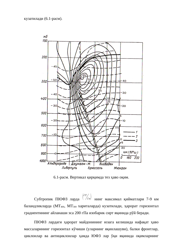 кузатилади (6.1-расм).
6.1-расм. Вертикал қирқимда тез ҳаво оқим.
Субтропик  ПЮФЗ  ларда  (
∂T
∂ n)  нинг  максимал  қийматлари  7-9  км
баландликларда (МТ400, МТ300  хариталарда) кузатилади, ҳарорат горизонтал
градиентининг айланаши эса 200 гПа изобарик сирт яқинида рўй беради.
ПЮФЗ лардаги ҳарорат майдонининг юзага келишида нафақат ҳаво
массаларининг горизонтал кўчиши (уларнинг яқинлашуви), балки фронтлар,
циклонлар  ва  антициклонлар  ҳамда  ЮФЗ  лар  ўқи  яқинида  оқимларнинг
