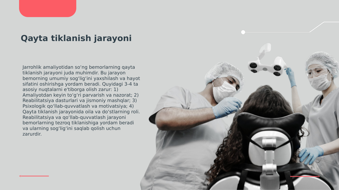 Qayta tiklanish jarayoni
Jarrohlik amaliyotidan so‘ng bemorlarning qayta 
tiklanish jarayoni juda muhimdir. Bu jarayon 
bemorning umumiy sog‘lig‘ini yaxshilash va hayot 
sifatini oshirishga yordam beradi. Quyidagi 3-4 ta 
asosiy nuqtalarni e'tiborga olish zarur: 1) 
Amaliyotdan keyin to‘g‘ri parvarish va nazorat; 2) 
Reabilitatsiya dasturlari va jismoniy mashqlar; 3) 
Psixologik qo‘llab-quvvatlash va motivatsiya; 4) 
Qayta tiklanish jarayonida oila va do‘stlarning roli. 
Reabilitatsiya va qo‘llab-quvvatlash jarayoni 
bemorlarning tezroq tiklanishiga yordam beradi 
va ularning sog‘lig‘ini saqlab qolish uchun 
zarurdir.

