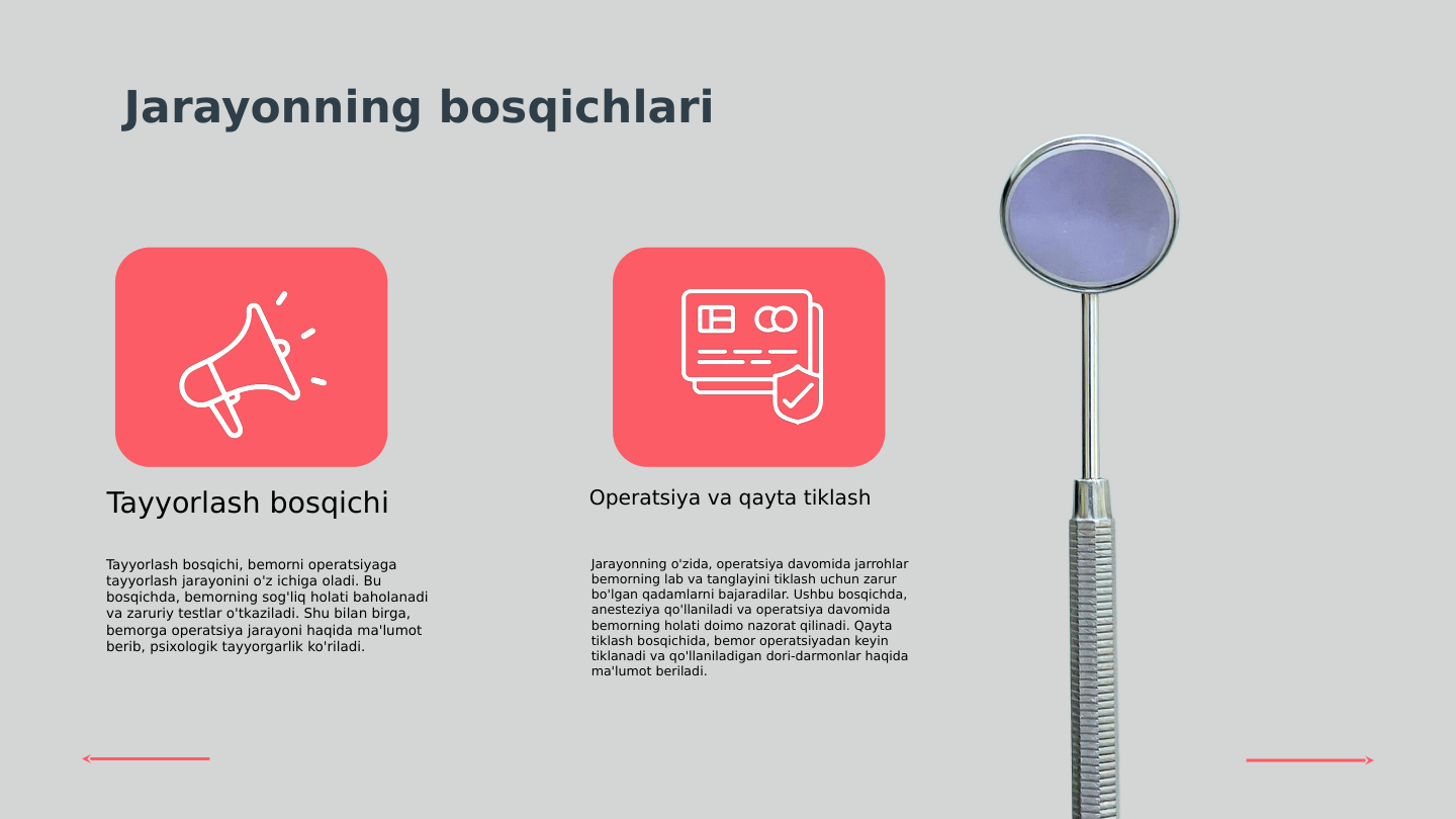 Jarayonning bosqichlari
Tayyorlash bosqichi, bemorni operatsiyaga 
tayyorlash jarayonini o'z ichiga oladi. Bu 
bosqichda, bemorning sog'liq holati baholanadi 
va zaruriy testlar o'tkaziladi. Shu bilan birga, 
bemorga operatsiya jarayoni haqida ma'lumot 
berib, psixologik tayyorgarlik ko'riladi.
Jarayonning o'zida, operatsiya davomida jarrohlar 
bemorning lab va tanglayini tiklash uchun zarur 
bo'lgan qadamlarni bajaradilar. Ushbu bosqichda, 
anesteziya qo'llaniladi va operatsiya davomida 
bemorning holati doimo nazorat qilinadi. Qayta 
tiklash bosqichida, bemor operatsiyadan keyin 
tiklanadi va qo'llaniladigan dori-darmonlar haqida 
ma'lumot beriladi.
Tayyorlash bosqichi
Operatsiya va qayta tiklash
