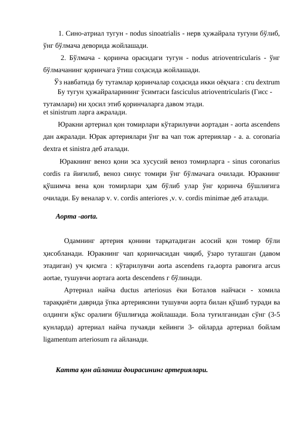   1. Сино-атриал тугун - nodus sinoatrialis - нерв ҳужайрала тугуни бўлиб,
ўнг бўлмача деворида жойлашади. 
  2. Бўлмача - қоринча орасидаги тугун - nodus atrioventricularis - ўнг
бўлмачанинг қоринчага ўтиш соҳасида жойлашади. 
Ўз навбатида бу тутамлар қоринчалар соҳасида икки оёқчага : cru dextrum
et sinistrum ларга ажралади. 
  Юракни артериал қон томирлари кўтарилувчи аортадан - aorta ascendens
дан ажралади. Юрак артериялари ўнг ва чап тож артериялар - a. a. coronaria
dextra et sinistra деб аталади. 
  Юракнинг веноз қони эса хусусий веноз томирларга - sinus coronarius
cordis га йиғилиб, веноз синус томири ўнг бўлмачага очилади. Юракнинг
қўшимча  вена  қон  томирлари  ҳам  бўлиб  улар  ўнг  қоринча  бўшлиғига
очилади. Бу веналар v. v. cordis anteriores ,v. v. cordis minimae деб аталади. 
 Аорта -aorta. 
 
 Одамнинг артерия қонини тарқатадиган асосий қон томир бўли
ҳисобланади.  Юракнинг чап қоринчасидан чиқиб,  ўзаро туташган (давом
этадиган)  уч қисмга :  кўтарилувчи aorta ascendens  га,аорта равоғига arcus
aortae, тушувчи аортага aorta descendens г бўлинади. 
 
 Артериал найча ductus  arteriosus  ёки Боталов найчаси -  хомила
тараққиёти даврида ўпка артериясини тушувчи аорта билан қўшиб туради ва
олдинги кўкс оралиғи бўшлиғида жойлашади.  Бола туғилганидан сўнг (3-5
кунларда)  артериал найча пучаяди кейинги 3-  ойларда артериал бойлам
ligamentum arteriosum га айланади. 
 Катта қон айланиш доирасининг артериялари. 
  Бу тугун ҳужайраларининг ўсимтаси fasciculus atrioventricularis (Гисс -
тутамлари) ни ҳосил этиб қоринчаларга давом этади. 
