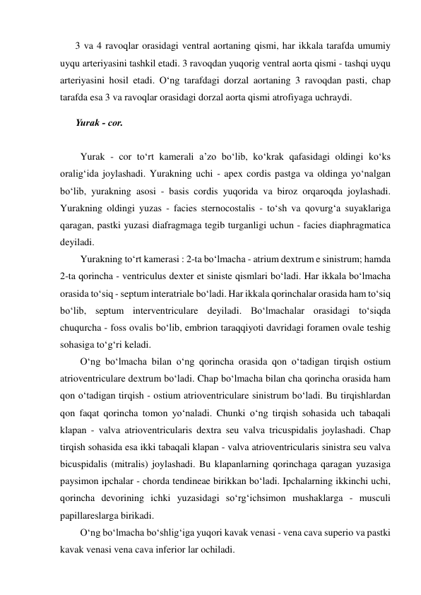 3 va 4 ravoqlar orasidagi ventral aortaning qismi, har ikkala tarafda umumiy 
uyqu arteriyasini tashkil etadi. 3 ravoqdan yuqorig ventral aorta qismi - tashqi uyqu 
arteriyasini hosil etadi. O‘ng tarafdagi dorzal aortaning 3 ravoqdan pasti, chap 
tarafda esa 3 va ravoqlar orasidagi dorzal aorta qismi atrofiyaga uchraydi.  
Yurak - cor.  
 
  Yurak - cor to‘rt kamerali a’zo bo‘lib, ko‘krak qafasidagi oldingi ko‘ks 
oralig‘ida joylashadi. Yurakning uchi - apex cordis pastga va oldinga yo‘nalgan 
bo‘lib, yurakning asosi - basis cordis yuqorida va biroz orqaroqda joylashadi. 
Yurakning oldingi yuzas - facies sternocostalis - to‘sh va qovurg‘a suyaklariga 
qaragan, pastki yuzasi diafragmaga tegib turganligi uchun - facies diaphragmatica 
deyiladi.  
  Yurakning to‘rt kamerasi : 2-ta bo‘lmacha - atrium dextrum e sinistrum; hamda 
2-ta qorincha - ventriculus dexter et siniste qismlari bo‘ladi. Har ikkala bo‘lmacha 
orasida to‘siq - septum interatriale bo‘ladi. Har ikkala qorinchalar orasida ham to‘siq 
bo‘lib, septum interventriculare deyiladi. Bo‘lmachalar orasidagi to‘siqda 
chuqurcha - foss ovalis bo‘lib, embrion taraqqiyoti davridagi foramen ovale teshig 
sohasiga to‘g‘ri keladi.  
  O‘ng bo‘lmacha bilan o‘ng qorincha orasida qon o‘tadigan tirqish ostium 
atrioventriculare dextrum bo‘ladi. Chap bo‘lmacha bilan cha qorincha orasida ham 
qon o‘tadigan tirqish - ostium atrioventriculare sinistrum bo‘ladi. Bu tirqishlardan 
qon faqat qorincha tomon yo‘naladi. Chunki o‘ng tirqish sohasida uch tabaqali 
klapan - valva atrioventricularis dextra seu valva tricuspidalis joylashadi. Chap 
tirqish sohasida esa ikki tabaqali klapan - valva atrioventricularis sinistra seu valva 
bicuspidalis (mitralis) joylashadi. Bu klapanlarning qorinchaga qaragan yuzasiga 
paysimon ipchalar - chorda tendineae birikkan bo‘ladi. Ipchalarning ikkinchi uchi, 
qorincha devorining ichki yuzasidagi so‘rg‘ichsimon mushaklarga - musculi 
papillareslarga birikadi.  
  O‘ng bo‘lmacha bo‘shlig‘iga yuqori kavak venasi - vena cava superio va pastki 
kavak venasi vena cava inferior lar ochiladi.  
