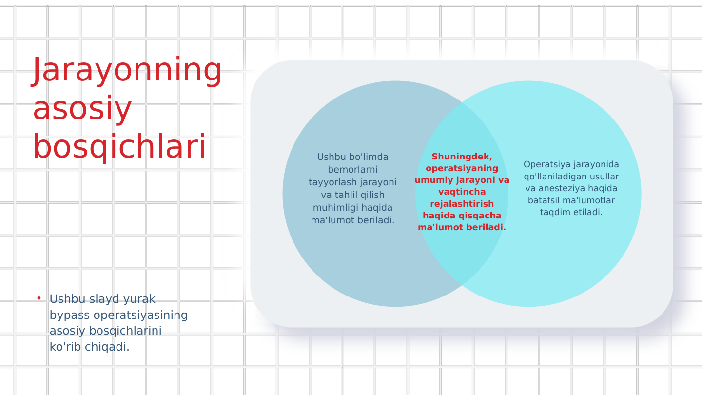 Jarayonning 
asosiy 
bosqichlari
• Ushbu slayd yurak 
bypass operatsiyasining 
asosiy bosqichlarini 
ko'rib chiqadi.
Ushbu bo'limda 
bemorlarni 
tayyorlash jarayoni 
va tahlil qilish 
muhimligi haqida 
ma'lumot beriladi.
Operatsiya jarayonida 
qo'llaniladigan usullar 
va anesteziya haqida 
batafsil ma'lumotlar 
taqdim etiladi.
Shuningdek, 
operatsiyaning 
umumiy jarayoni va 
vaqtincha 
rejalashtirish 
haqida qisqacha 
ma'lumot beriladi.

