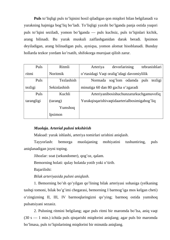 Puls to’liqligi puls to’lqinini hosil qiladigan qon miqdori bilan belgilanadi va
yurakning hajmiga bog’liq bo’ladi. To’liqligi yaxshi bo’lganda panja ostida yuqori
puls to’lqini seziladi, yomon bo’lganda — puls kuchsiz, puls to’lqinlari kichik,
arang  bilinadi.  Bu  yurak  muskuli  zaiflashganidan  darak  beradi.  Ipsimon
deyiladigan, arang bilinadigan puls, ayniqsa, yomon alomat  hisoblanadi. Bunday
hollarda tezkor yordam ko’rsatib, shifokorga murojaat qilish zarur.
Puls
ritmi 
Ritmli
Noritmik 
Arteriya
 
devorlarining
 
tebranishlari
o’rtasidagi Vaqt oralig’idagi davomiylilik 
Puls
tezligi 
Tezlashish
Sekinlashish 
Normada  sog’lom  odamda  puls  tezligi
minutiga 60 dan 80 gacha o’zgaradi 
Puls
tarangligi 
Kuchli
(tarang) 
Yumshoq
Ipsimon 
Arteriyanibosishuchunzarurkuchgamuvofiq
Yurakqisqarishivaqtidaarterialbosimigabog’liq
Muolaja. Arterial pulsni tekshirish 
Maksad: yurak ishlashi, arteriya tomirlari urishini aniqlash. 
Tayyorlash:  bemorga  muolajaning  mohiyatini  tushuntiring,  puls
aniqlanadigan joyni toping. 
Jihozlar: soat (sekundomer), qog’oz, qalam. 
Bemorning holati: qulay holatda yotib yoki o’tirib. 
Bajarilishi: 
Bilak arteriyasida pulsni aniqlash. 
1. Bemorning bo’sh qo’yilgan qo’lining bilak arteriyasi sohasiga (yelkaning
tashqi tomoni, bilak bo’g’imi chegarasi, bemorning I barmog’iga mos kelgan cheti)
o’zingizning  II,  III,  IV  barmoqlaringizni  qo’ying;  barmoq  ostida  yumshoq
pulsatsiyani sezasiz. 
2. Pulsning ritmini belgilang; agar puls ritmi bir maromda bo’lsa, aniq vaqt
(30 s — 1 min.) ichida puls qisqarishi miqdorini aniqlang; agar puls bir maromda
bo’lmasa, puls to’lqinlarining miqdorini bir minutda aniqlang. 
