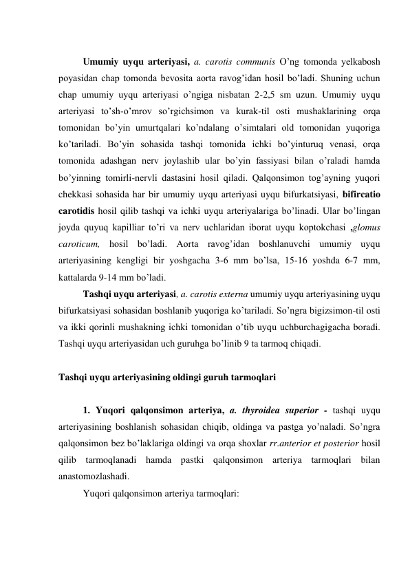  
Umumiy uyqu arteriyasi, a. carotis communis O’ng tomonda yelkabosh 
poyasidan chap tomonda bevosita aorta ravog’idan hosil bo’ladi. Shuning uchun 
chap umumiy uyqu arteriyasi o’ngiga nisbatan 2-2,5 sm uzun. Umumiy uyqu 
arteriyasi to’sh-o’mrov so’rgichsimon va kurak-til osti mushaklarining orqa 
tomonidan bo’yin umurtqalari ko’ndalang o’simtalari old tomonidan yuqoriga 
ko’tariladi. Bo’yin sohasida tashqi tomonida ichki bo’yinturuq venasi, orqa 
tomonida adashgan nerv joylashib ular bo’yin fassiyasi bilan o’raladi hamda 
bo’yinning tomirli-nervli dastasini hosil qiladi. Qalqonsimon tog’ayning yuqori 
chekkasi sohasida har bir umumiy uyqu arteriyasi uyqu bifurkatsiyasi, bifircatio 
carotidis hosil qilib tashqi va ichki uyqu arteriyalariga bo’linadi. Ular bo’lingan 
joyda quyuq kapilliar to’ri va nerv uchlaridan iborat uyqu koptokchasi ,glomus 
caroticum, hosil bo’ladi. Aorta ravog’idan boshlanuvchi umumiy uyqu 
arteriyasining kengligi bir yoshgacha 3-6 mm bo’lsa, 15-16 yoshda 6-7 mm, 
kattalarda 9-14 mm bo’ladi. 
Tashqi uyqu arteriyasi, a. carotis externa umumiy uyqu arteriyasining uyqu 
bifurkatsiyasi sohasidan boshlanib yuqoriga ko’tariladi. So’ngra bigizsimon-til osti 
va ikki qorinli mushakning ichki tomonidan o’tib uyqu uchburchagigacha boradi. 
Tashqi uyqu arteriyasidan uch guruhga bo’linib 9 ta tarmoq chiqadi. 
 
Tashqi uyqu arteriyasining oldingi guruh tarmoqlari 
 
1. Yuqori qalqonsimon arteriya, a. thyroidea superior - tashqi uyqu 
arteriyasining boshlanish sohasidan chiqib, oldinga va pastga yo’naladi. So’ngra 
qalqonsimon bez bo’laklariga oldingi va orqa shoxlar rr.anterior et posterior hosil 
qilib tarmoqlanadi hamda pastki qalqonsimon arteriya tarmoqlari bilan 
anastomozlashadi. 
Yuqori qalqonsimon arteriya tarmoqlari: 
