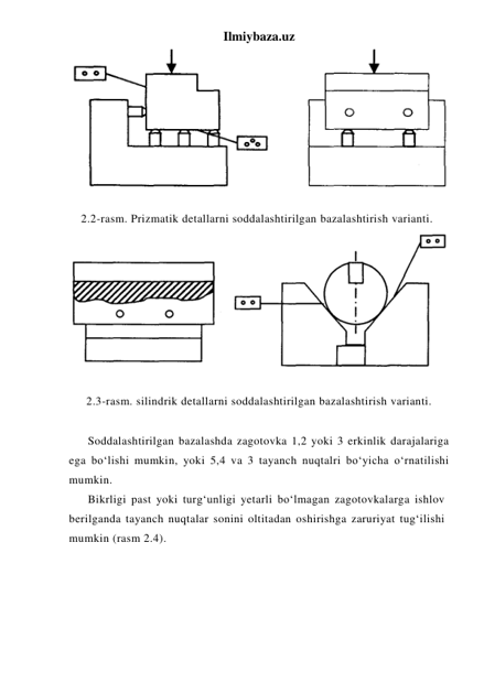 Ilmiybaza.uz 
 
 
2.2-rasm. Prizmatik detallarni soddalashtirilgan bazalashtirish varianti. 
 
 
2.3-rasm. silindrik detallarni soddalashtirilgan bazalashtirish varianti. 
 
Soddalashtirilgan bazalashda zagotovka 1,2 yoki 3 erkinlik darajalariga 
ega bo‘lishi mumkin, yoki 5,4 va 3 tayanch nuqtalri bo‘yicha o‘rnatilishi 
mumkin. 
Bikrligi past yoki turg‘unligi yetarli bo‘lmagan zagotovkalarga ishlov 
berilganda tayanch nuqtalar sonini oltitadan oshirishga zaruriyat tug‘ilishi 
mumkin (rasm 2.4). 
