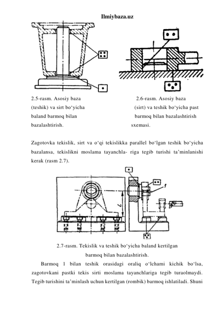 Ilmiybaza.uz 
2.5-rasm. Asosiy baza                                     2.6-rasm. Asosiy baza 
          (teshik) va sirt bo‘yicha 
                            (sirt) va teshik bo‘yicha past 
baland barmoq bilan 
                                   barmoq bilan bazalashtirish 
bazalashtirish.                                              sxemasi. 
 
Zagotovka tekislik, sirt va o‘qi tekislikka parallel bo‘lgan teshik bo‘yicha 
bazalansa, tekislikni moslama tayanchla- riga tegib turishi ta’minlanishi 
kerak (rasm 2.7). 
 
2.7-rasm. Tekislik va teshik bo‘yicha baland kertilgan 
barmoq bilan bazalashtirish. 
Barmoq 1 bilan teshik orasidagi oraliq o‘lchami kichik bo‘lsa, 
zagotovkani pastki tekis sirti moslama tayanchlariga tegib turaolmaydi. 
Tegib turishini ta’minlash uchun kertilgan (rombik) barmoq ishlatiladi. Shuni 
