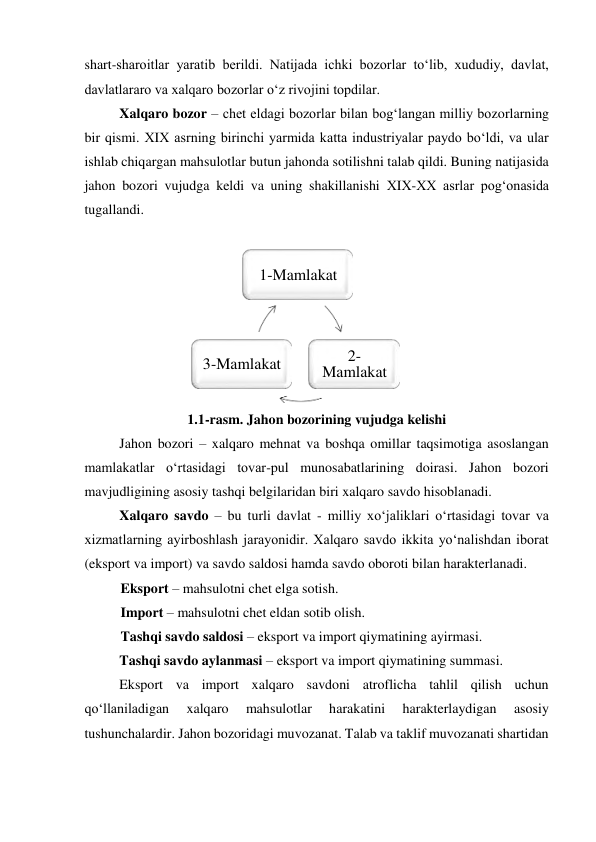 
shart-sharoitlar yaratib berildi. Natijada ichki bozorlar toʻlib, xududiy, davlat, 
davlatlararo va xalqaro bozorlar oʻz rivojini topdilar.  
Xalqaro bozor – chet eldagi bozorlar bilan bogʻlangan milliy bozorlarning 
bir qismi. ХIХ asrning birinchi yarmida katta industriyalar paydo boʻldi, va ular 
ishlab chiqargan mahsulotlar butun jahonda sotilishni talab qildi. Buning natijasida 
jahon bozori vujudga keldi va uning shakillanishi ХIХ-XX asrlar pogʻonasida 
tugallandi.  
  
 
 
  
1.1-rasm. Jahon bozorining vujudga kelishi  
Jahon bozori – xalqaro mehnat va boshqa omillar taqsimotiga asoslangan 
mamlakatlar oʻrtasidagi tovar-pul munosabatlarining doirasi. Jahon bozori 
mavjudligining asosiy tashqi belgilaridan biri xalqaro savdo hisoblanadi.  
Xalqaro savdo – bu turli davlat - milliy xoʻjaliklari oʻrtasidagi tovar va 
xizmatlarning ayirboshlash jarayonidir. Xalqaro savdo ikkita yoʻnalishdan iborat 
(eksport va import) va savdo saldosi hamda savdo oboroti bilan harakterlanadi.  
Eksport – mahsulotni chet elga sotish.  
Import – mahsulotni chet eldan sotib olish.  
Tashqi savdo saldosi – eksport va import qiymatining ayirmasi.  
Tashqi savdo aylanmasi – eksport va import qiymatining summasi.  
Eksport va import xalqaro savdoni atroflicha tahlil qilish uchun 
qoʻllaniladigan 
xalqaro 
mahsulotlar 
harakatini 
harakterlaydigan 
asosiy 
tushunchalardir. Jahon bozoridagi muvozanat. Talab va taklif muvozanati shartidan 
1 - Mamlakat 
2 - 
Mamlakat 
3 - Mamlakat 
