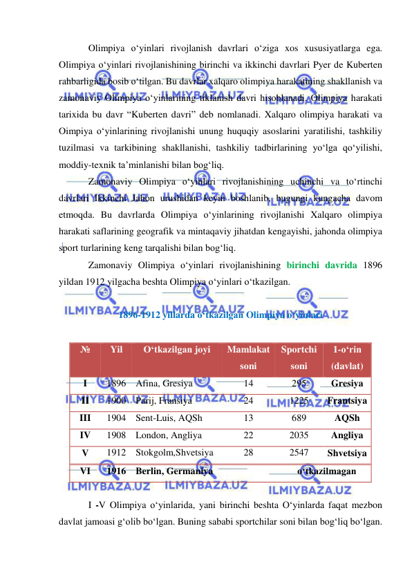  
 
Olimpiya o‘yinlari rivojlanish davrlari o‘ziga xos xususiyatlarga ega. 
Olimpiya o‘yinlari rivojlanishining birinchi va ikkinchi davrlari Pyer de Kuberten 
rahbarligida bosib o‘tilgan. Bu davrlar xalqaro olimpiya harakatining shakllanish va 
zamonaviy Olimpiya o‘yinlarining tiklanish davri hisoblanadi. Olimpiya harakati 
tarixida bu davr “Kuberten davri” deb nomlanadi. Xalqaro olimpiya harakati va 
Oimpiya o‘yinlarining rivojlanishi unung huquqiy asoslarini yaratilishi, tashkiliy 
tuzilmasi va tarkibining shakllanishi, tashkiliy tadbirlarining yo‘lga qo‘yilishi, 
moddiy-texnik ta’minlanishi bilan bog‘liq. 
Zamonaviy Olimpiya o‘yinlari rivojlanishining uchinchi va to‘rtinchi 
davrlari Ikkinchi Jahon urushidan keyin boshlanib, bugungi kungacha davom 
etmoqda. Bu davrlarda Olimpiya o‘yinlarining rivojlanishi Xalqaro olimpiya 
harakati saflarining geografik va mintaqaviy jihatdan kengayishi, jahonda olimpiya 
sport turlarining keng tarqalishi bilan bog‘liq. 
Zamonaviy Olimpiya o‘yinlari rivojlanishining birinchi davrida 1896 
yildan 1912 yilgacha beshta Olimpiya o‘yinlari o‘tkazilgan.  
 
1896-1912 yillarda o‘tkazilgan Olimpiya o‘yinlari 
 
№ 
Yil 
O‘tkazilgan joyi  
Mamlakat 
soni 
Sportchi 
soni  
1-o‘rin   
(davlat) 
I 
1896 Afina, Gresiya 
14 
295 
Gresiya 
II 
1900 Parij, Fransiya 
24 
1225 
Frantsiya 
III 
1904 Sent-Luis, AQSh 
13 
689 
AQSh 
IV 
1908 London, Angliya 
22 
2035 
Angliya 
V 
1912 Stokgolm,Shvetsiya 
28 
2547 
Shvetsiya 
VI 
1916 Berlin, Germaniya 
                         o‘tkazilmagan 
 
I -V Olimpiya o‘yinlarida, yani birinchi beshta O‘yinlarda faqat mezbon 
davlat jamoasi g‘olib bo‘lgan. Buning sababi sportchilar soni bilan bog‘liq bo‘lgan. 
