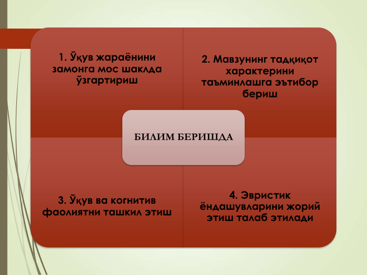 1. Ўқув жараёнини 
замонга мос шаклда 
ўзгартириш
2. Мавзунинг тадқиқот 
характерини 
таъминлашга эътибор 
бериш
3. Ўқув ва когнитив 
фаолиятни ташкил этиш
4. Эвристик 
ёндашувларини жорий 
этиш талаб этилади 
БИЛИМ БЕРИШДА
