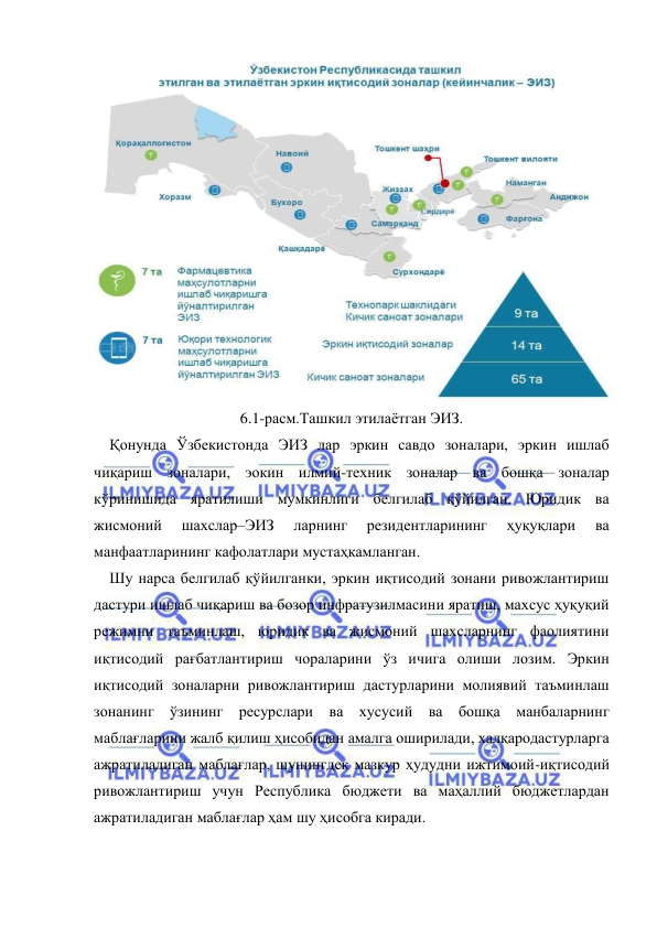  
 
 
6.1-расм.Ташкил этилаётган ЭИЗ. 
Қонунда Ўзбекистонда ЭИЗ лар эркин савдо зоналари, эркин ишлаб 
чиқариш зоналари, эокин илмий-техник зоналар ва бошқа зоналар  
кўринишида яратилиши мумкинлиги белгилаб қўйилган. Юридик ва 
жисмоний 
шахслар–ЭИЗ 
ларнинг 
резидентларининг 
ҳуқуқлари 
ва 
манфаатларининг кафолатлари мустаҳкамланган.   
Шу нарса белгилаб қўйилганки, эркин иқтисодий зонани ривожлантириш 
дастури ишлаб чиқариш ва бозор инфратузилмасини яратиш, махсус ҳуқуқий 
режимни таъминлаш, юридик ва жисмоний шахсларнинг фаолиятини 
иқтисодий рағбатлантириш чораларини ўз ичига олиши лозим. Эркин 
иқтисодий зоналарни ривожлантириш дастурларини молиявий таъминлаш 
зонанинг ўзининг ресурслари ва хусусий ва бошқа манбаларнинг 
маблағларини жалб қилиш ҳисобидан амалга оширилади, халқародастурларга 
ажратиладиган маблағлар, шунингдек мазкур ҳудудни ижтимоий-иқтисодий 
ривожлантириш учун Республика бюджети ва маҳаллий бюджетлардан 
ажратиладиган маблағлар ҳам шу ҳисобга киради.  
