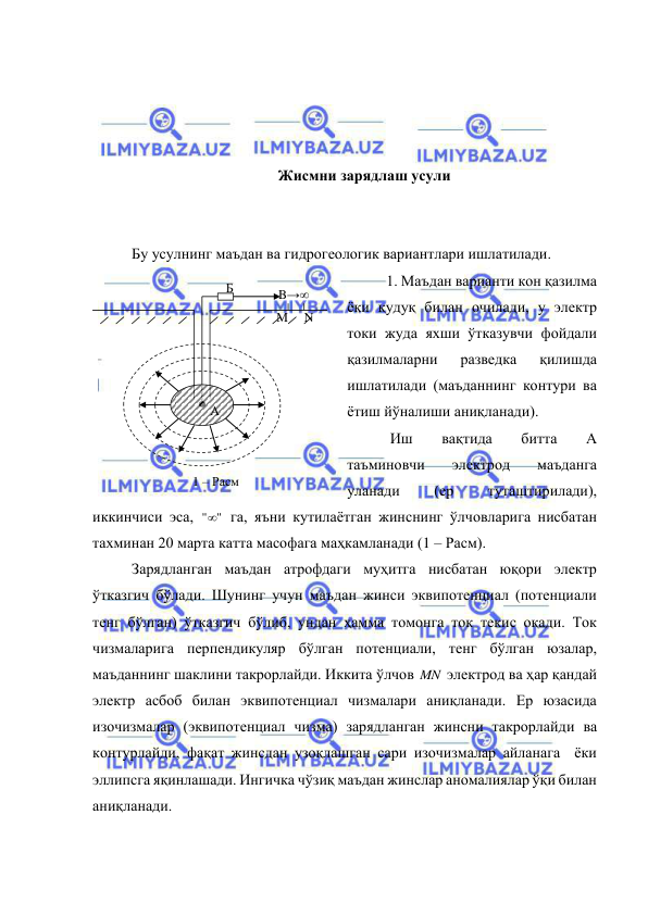  
 
 
 
 
 
Жисмни зарядлаш усули 
 
 
Бу усулнинг маъдан ва гидрогеологик вариантлари ишлатилади. 
1. Маъдан варианти кон қазилма 
ёки қудуқ билан очилади, у электр 
токи жуда яхши ўтказувчи фойдали 
қазилмаларни 
разведка 
қилишда 
ишлатилади (маъданнинг контури ва 
ётиш йўналиши аниқланади). 
 Иш 
вақтида 
битта 
А 
таъминовчи 
электрод 
маъданга 
уланади 
(ер 
туташтирилади), 
иккинчиси эса, 
"
"  га, яъни кутилаётган жинснинг ўлчовларига нисбатан 
тахминан 20 марта катта масофага маҳкамланади (1 – Расм). 
Зарядланган маъдан атрофдаги муҳитга нисбатан юқори электр 
ўтказгич бўлади. Шунинг учун маъдан жинси эквипотенциал (потенциали 
тенг бўлган) ўтказгич бўлиб, ундан ҳамма томонга ток текис оқади. Ток 
чизмаларига перпендикуляр бўлган потенциали, тенг бўлган юзалар, 
маъданнинг шаклини такрорлайди. Иккита ўлчов MN  электрод ва ҳар қандай 
электр асбоб билан эквипотенциал чизмалари аниқланади. Ер юзасида  
изочизмалар (эквипотенциал чизма) зарядланган жинсни такрорлайди ва 
контурлайди, фақат жинсдан узоқлашган сари изочизмалар айланага  ёки  
эллипсга яқинлашади. Ингичка чўзиқ маъдан жинслар аномалиялар ўқи билан 
аниқланади.   
Б 
M 
N 
A 
B→∞ 
_
1 – Расм  
